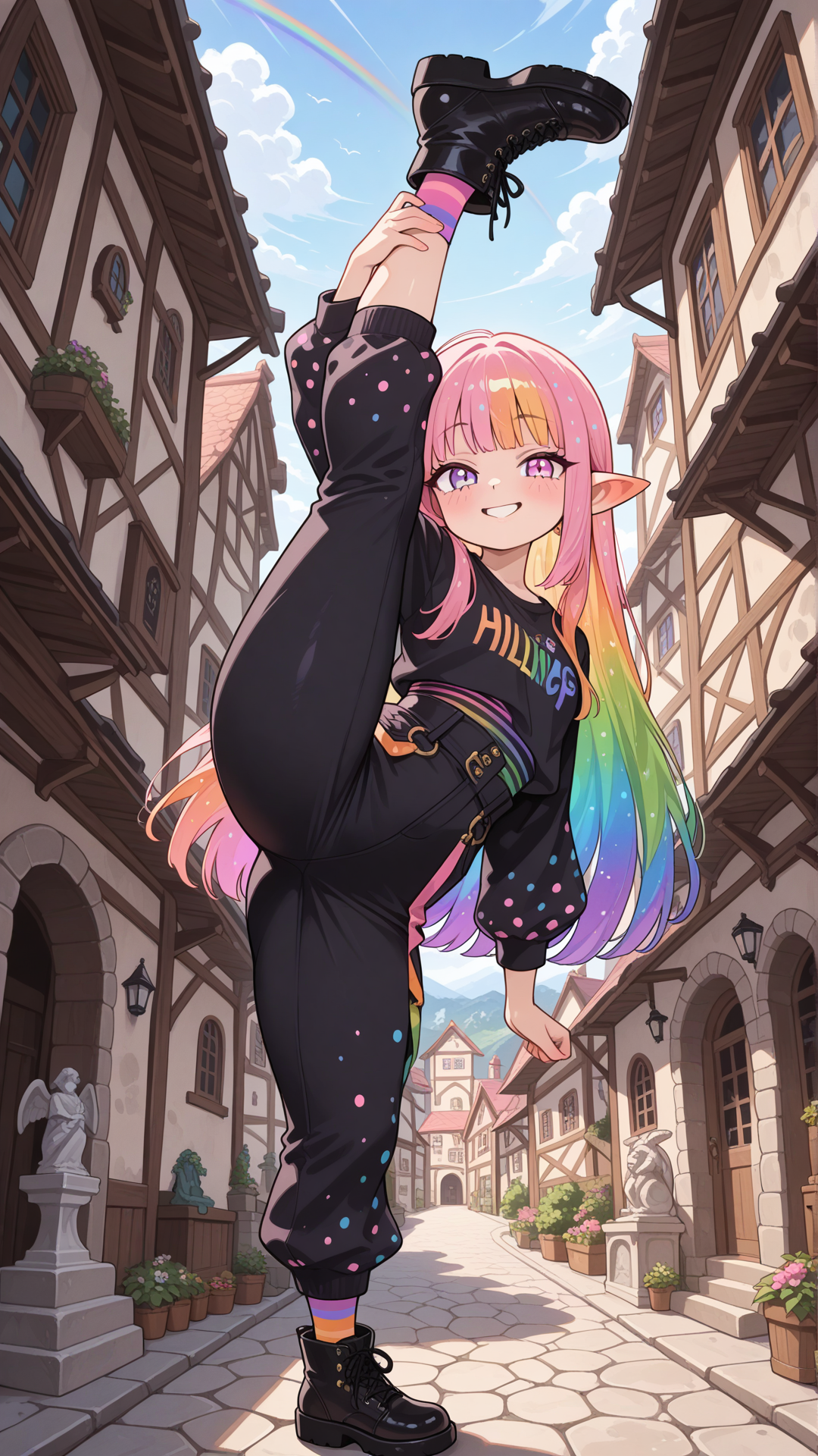 Full-body view of a shortstack female halfling with warm peachy skin, small pointed ears, and long straight rainbow hair, standing and looking at the viewer. She wears a colorful rainbow-striped button-up shirt with black base and diagonal stripes in purple, blue, green, orange, and pink, paired with high-waisted split flare pants (left side hot pink with large black polka dots, right side black with large pink polka dots) and simple black ankle boots. Full body, no realism, fantasy art style, fantasy character, smile, village, daytime, building, statue