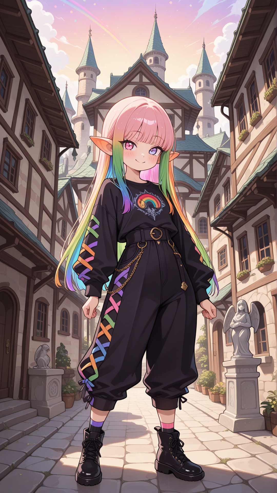 Full-body view of a shortstack female halfling with warm peachy skin, small pointed ears, and long straight rainbow hair, standing and looking at the viewer. She wears a colorful rainbow-striped button-up shirt with black base and diagonal stripes in purple, blue, green, orange, and pink, paired with high-waisted split flare pants (left side hot pink with large black polka dots, right side black with large pink polka dots) and simple black ankle boots. Standing, no realism, fantasy art style, fantasy character, smile, village, daytime, building, statue