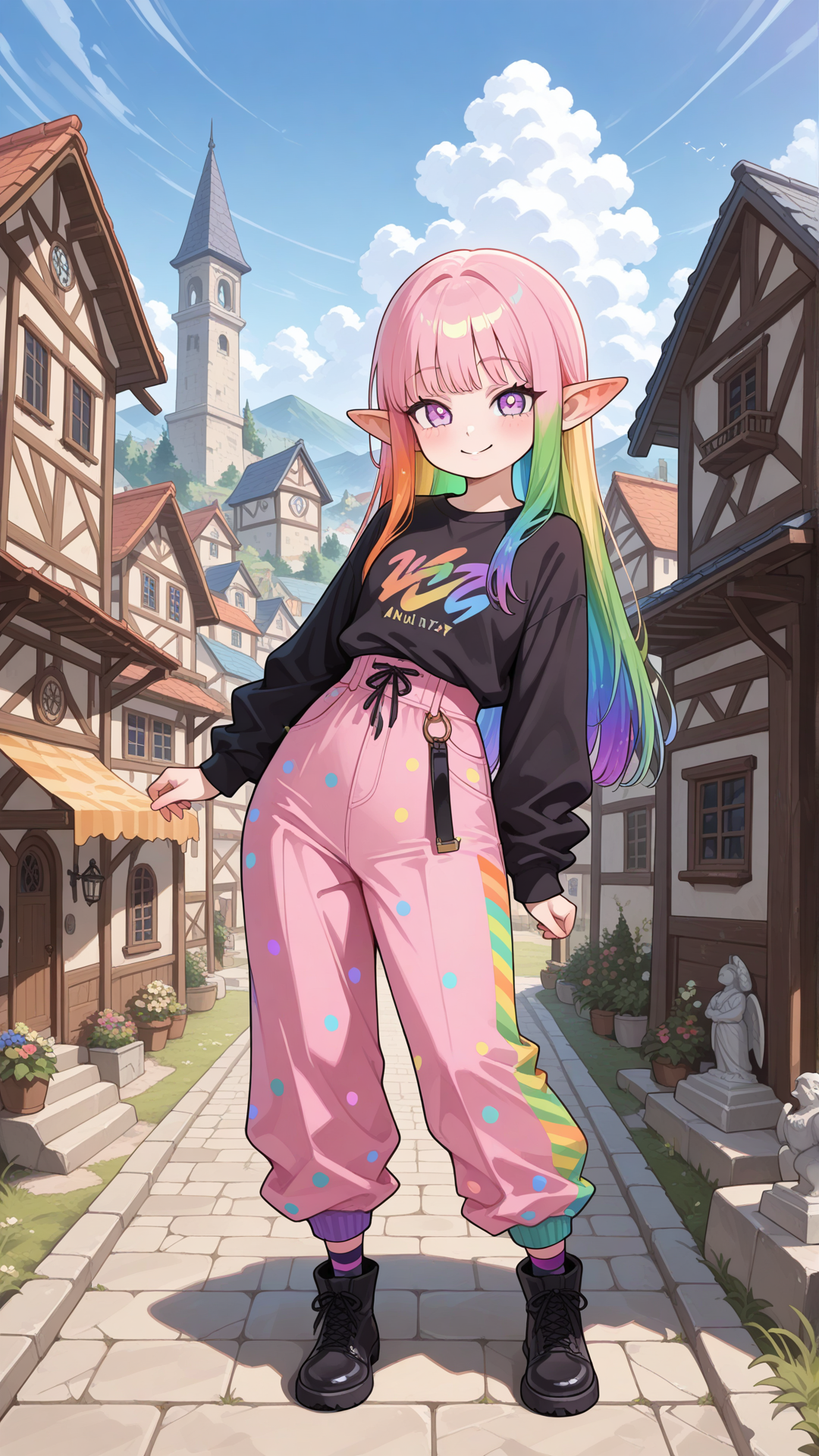 Full-body view of a shortstack female halfling with warm peachy skin, small pointed ears, and long straight rainbow hair, standing and looking at the viewer. She wears a colorful rainbow-striped button-up shirt with black base and diagonal stripes in purple, blue, green, orange, and pink, paired with high-waisted split flare pants (left side hot pink with large black polka dots, right side black with large pink polka dots) and simple black ankle boots. Standing, no realism, fantasy art style, fantasy character, smile, village, daytime, building, statue