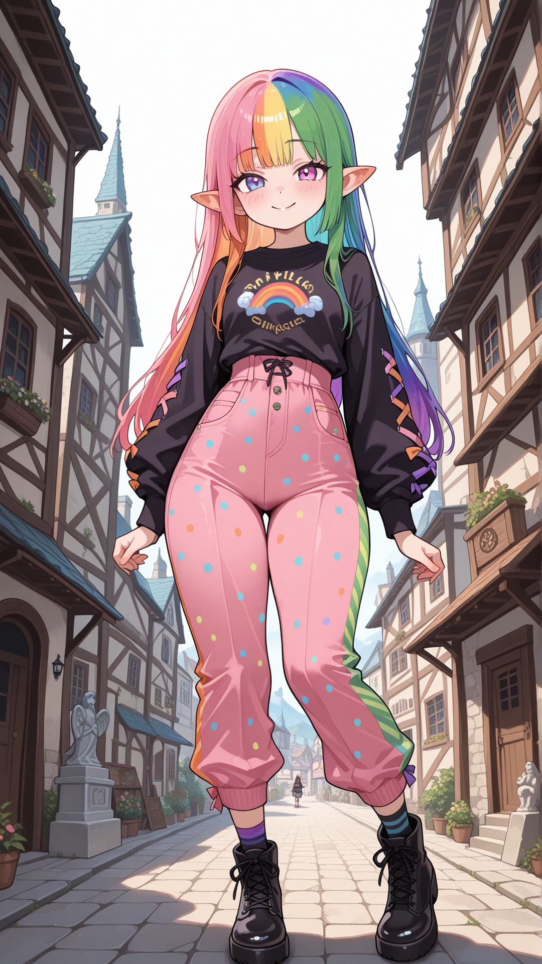 Full-body view of a shortstack female halfling with warm peachy skin, small pointed ears, and long straight rainbow hair, standing and looking at the viewer. She wears a colorful rainbow-striped button-up shirt with black base and diagonal stripes in purple, blue, green, orange, and pink, paired with high-waisted split flare pants (left side hot pink with large black polka dots, right side black with large pink polka dots) and simple black ankle boots. Standing, no realism, fantasy art style, fantasy character, smile, village, daytime, building, statue