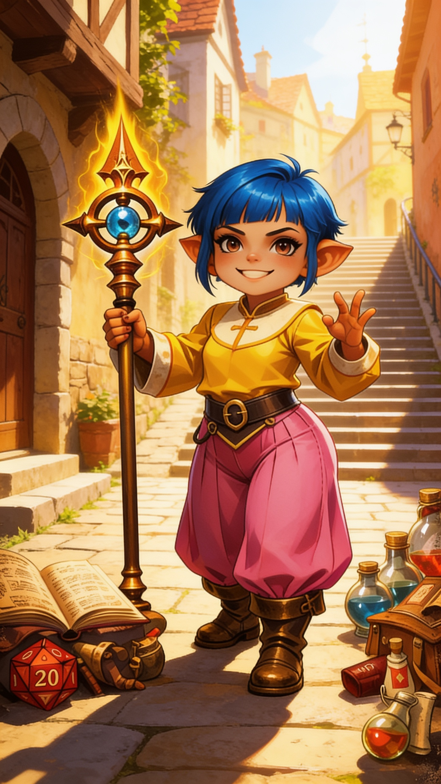 female halfling, ((shortstack: 1.3)), pink palazzo pants, yellow top, very short pixie asymmetrical blue hair, bangs, thick thighs, cleric attire, medieval attire, medieval town, walkway, stairs, daytime