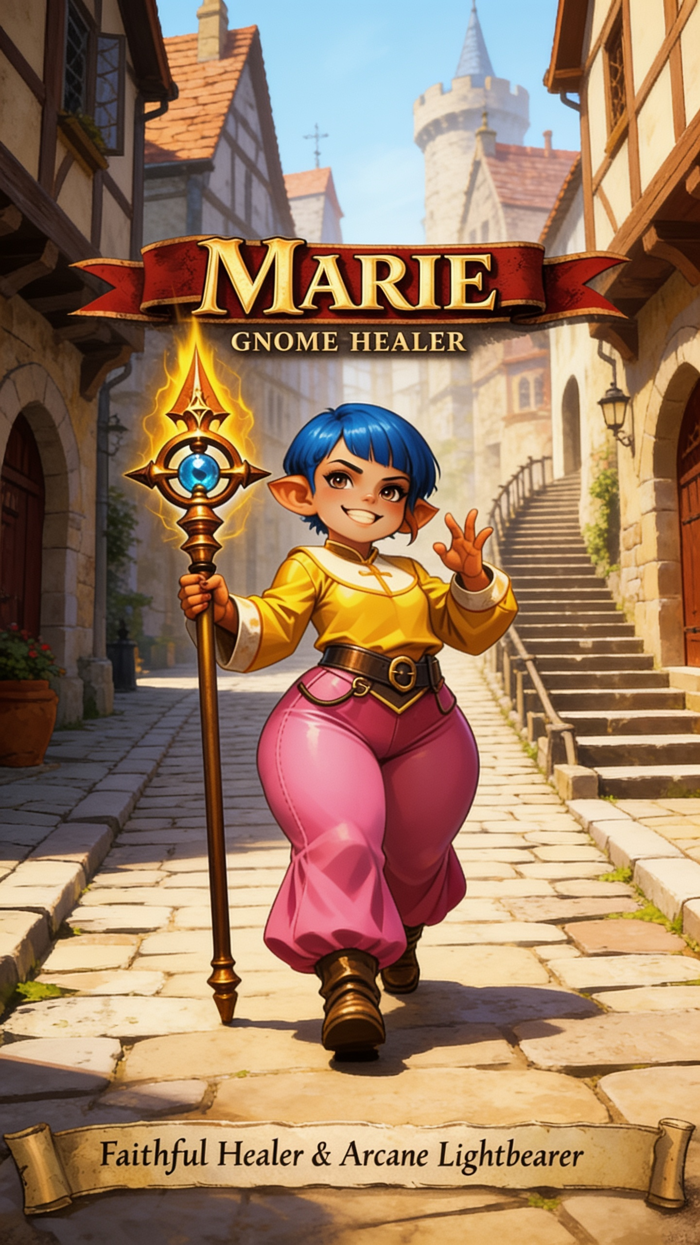 female halfling, ((shortstack: 1.3)), pink palazzo pants, yellow top, very short pixie asymmetrical blue hair, bangs, thick thighs, cleric attire, medieval attire, medieval town, walkway, stairs, daytime