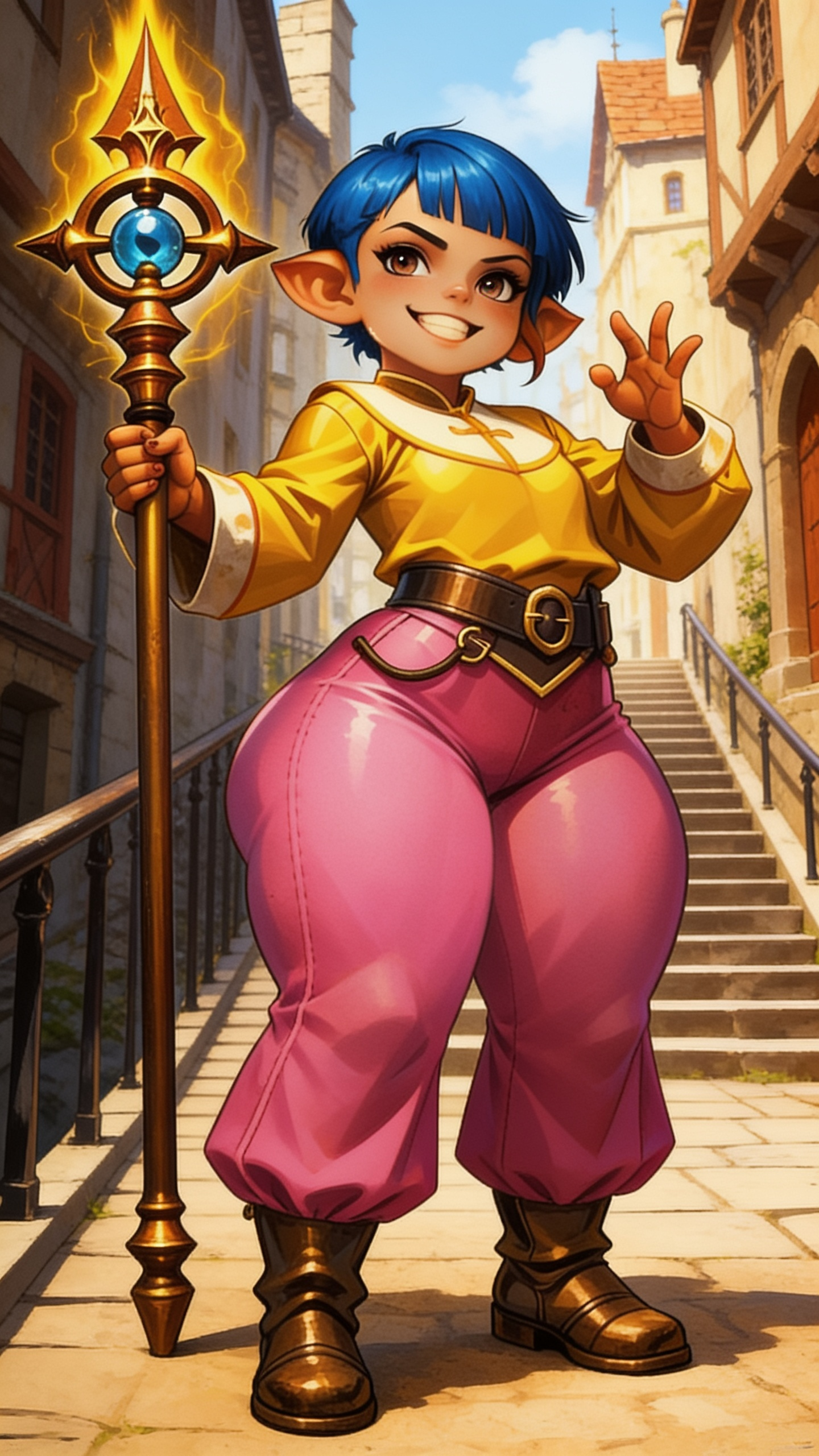 female halfling, ((shortstack: 1.3)), pink palazzo pants, yellow top, very short pixie asymmetrical blue hair, bangs, thick thighs, cleric attire, medieval attire, medieval town, walkway, stairs, daytime, no banner, no name, no bottom message