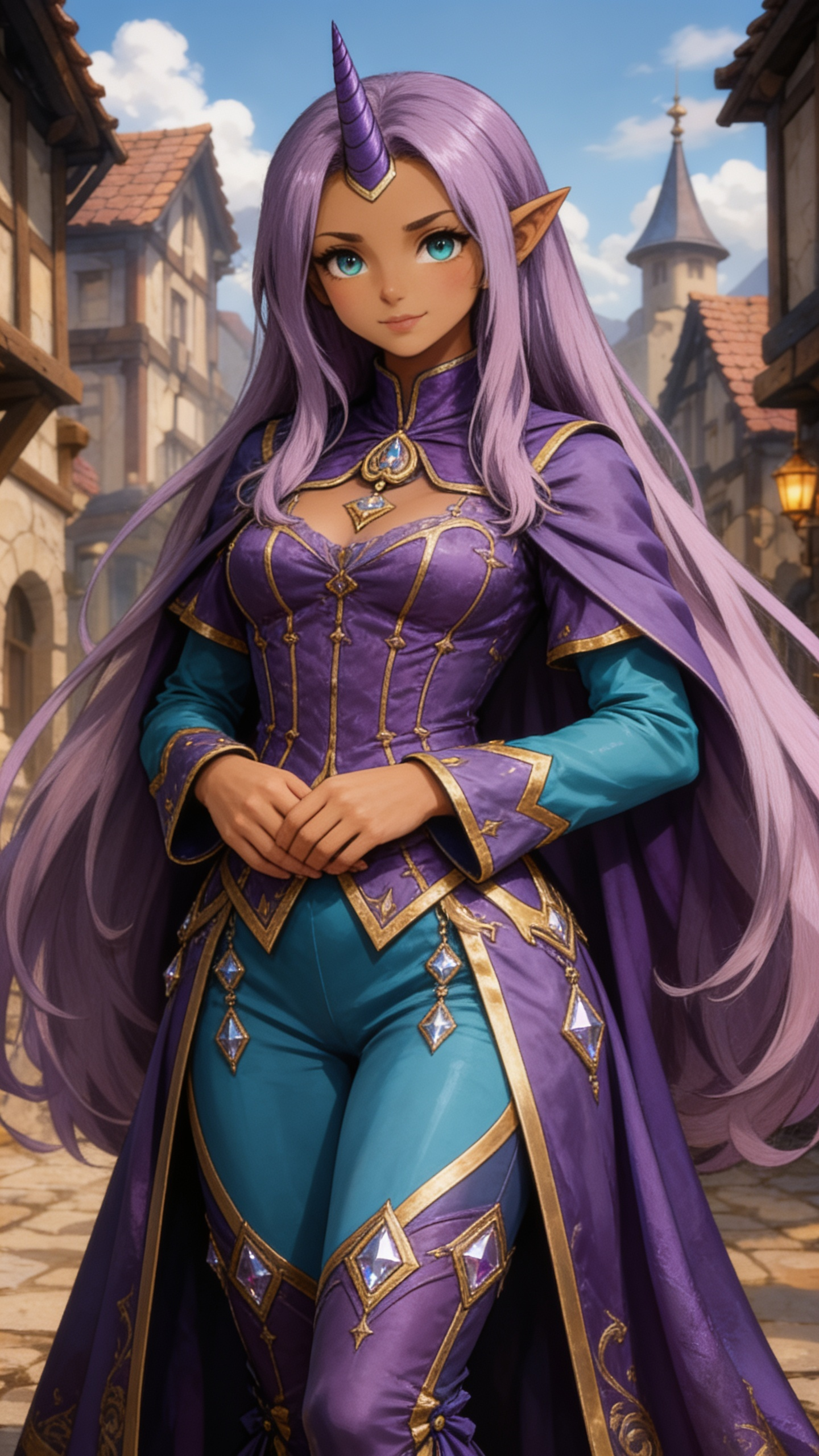 Nyala, elegant female unicorn-elf hybrid, long flowing vibrant lavender-purple hair reaching past her waist, single spiraled purple unicorn horn with gold base on forehead, pointed elf ears, large bright teal eyes, warm brown skin, gentle confident expression with slight smile, wearing ornate fantasy outfit: high-collared purple bodice with gold trim and heart-shaped gem brooch at chest, teal long sleeves with purple and gold details, flowing purple cape with gold edges, matching teal and purple form-fitting pants, gold accents and diamond gems throughout, hands gently clasped in front at waist, standing gracefully on cobblestone street, highly character design, intricate clothing textures and folds, sharp focus, vibrant colors, fantasy illustration style, full body