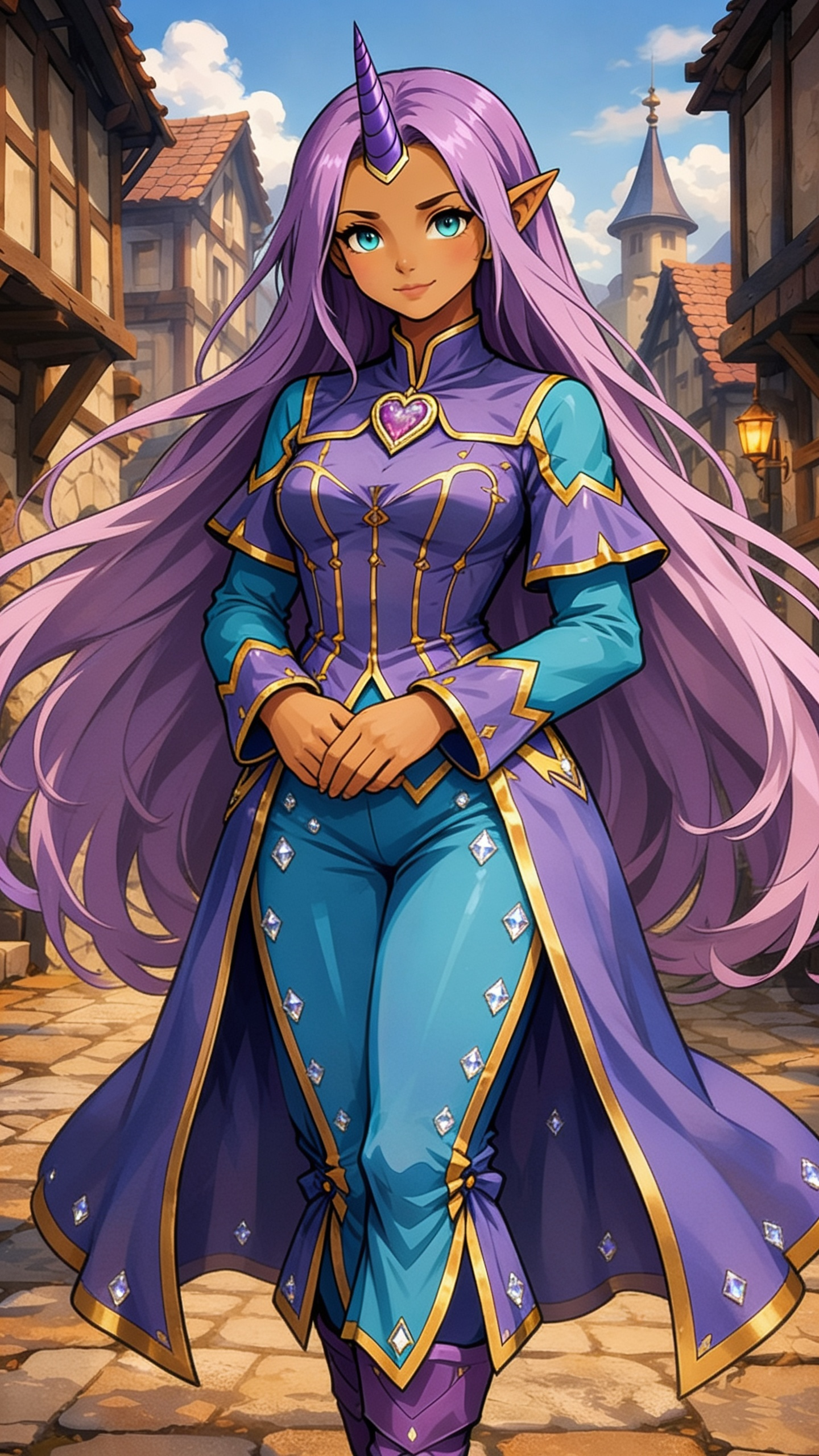 Nyala, elegant female unicorn-elf hybrid, long flowing vibrant lavender-purple hair reaching past her waist, single spiraled purple unicorn horn with gold base on forehead, pointed elf ears, large bright teal eyes, warm brown skin, gentle confident expression with slight smile, wearing ornate fantasy outfit: high-collared purple bodice with gold trim and heart-shaped gem brooch at chest, teal long sleeves with purple and gold details, flowing purple cape with gold edges, matching teal and purple form-fitting pants, gold accents and diamond gems throughout, hands gently clasped in front at waist, standing gracefully on cobblestone street, highly character design, intricate clothing textures and folds, sharp focus, vibrant colors, fantasy illustration style, full body