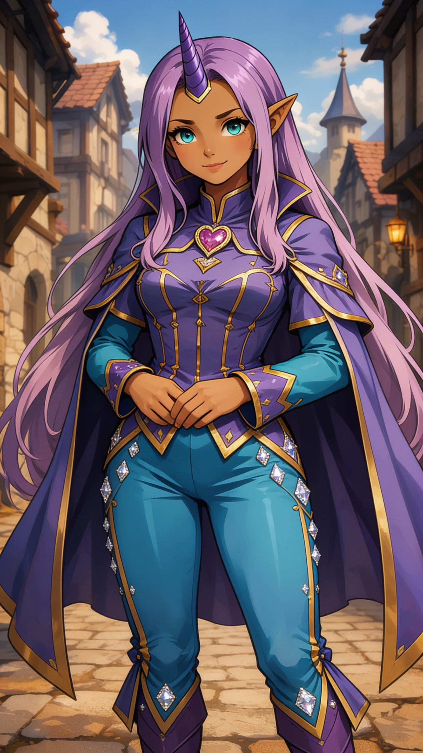 Nyala, elegant female unicorn-elf hybrid, long flowing vibrant lavender-purple hair reaching past her waist, single spiraled purple unicorn horn with gold base on forehead, pointed elf ears, large bright teal eyes, warm brown skin, gentle confident expression with slight smile, wearing ornate fantasy outfit: high-collared purple bodice with gold trim and heart-shaped gem brooch at chest, teal long sleeves with purple and gold details, flowing purple cape with gold edges, matching teal and purple form-fitting pants, gold accents and diamond gems throughout, hands gently clasped in front at waist, standing gracefully on cobblestone street, highly character design, intricate clothing textures and folds, sharp focus, vibrant colors, fantasy illustration style, full body