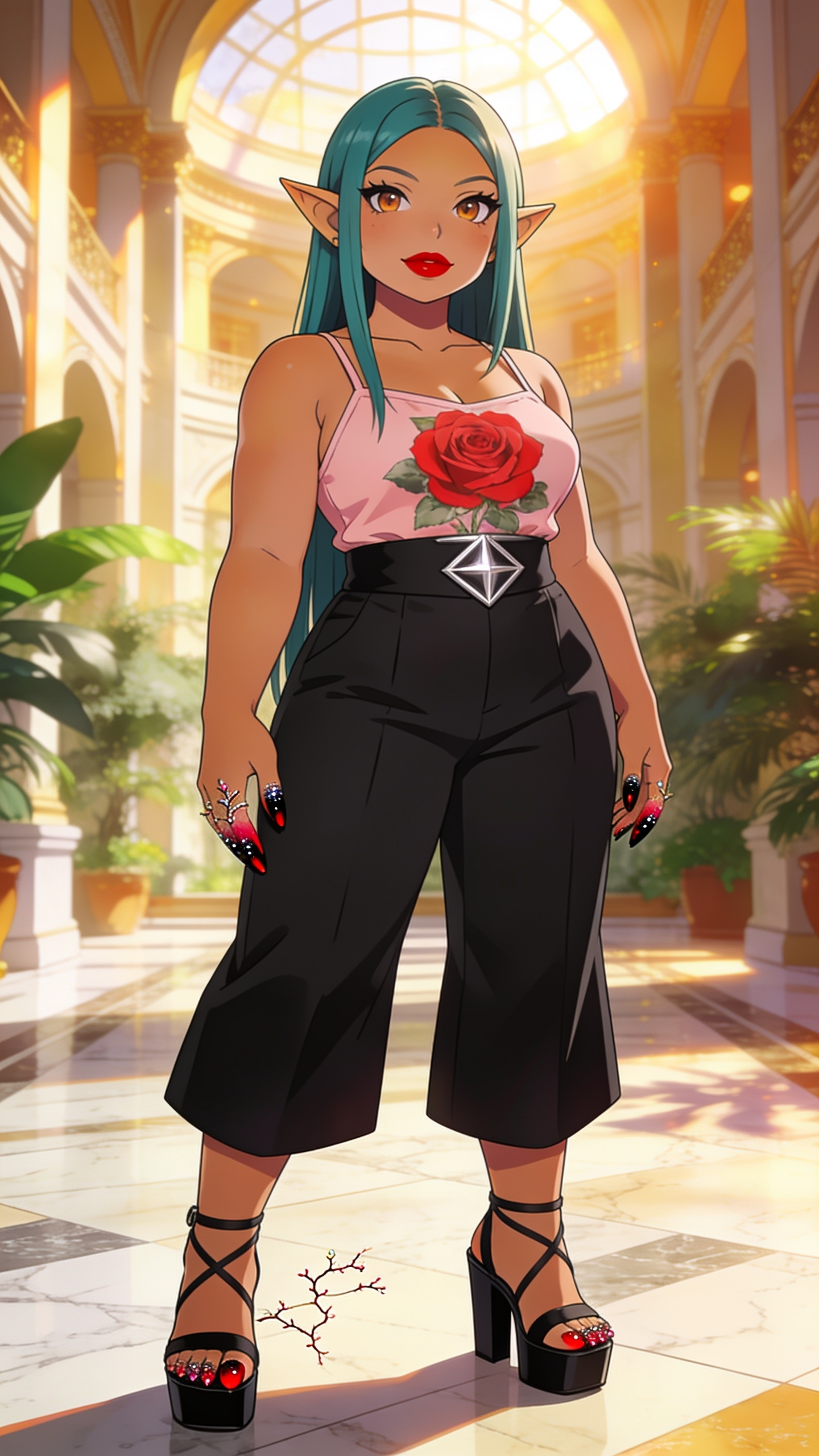 Full-body view of a shortstack female halfling with warm golden-tan skin, small pointed ears, and long straight teal hair, standing in a sunlit elegant atrium, looking at the viewer. She wears a soft pink camisole top with large red rose print, high-waisted black wide-leg pants with a silver geometric waistband, black strappy block heel sandals, bold matte red lipstick, and red and black ombre manicure with glitter and branch designs.