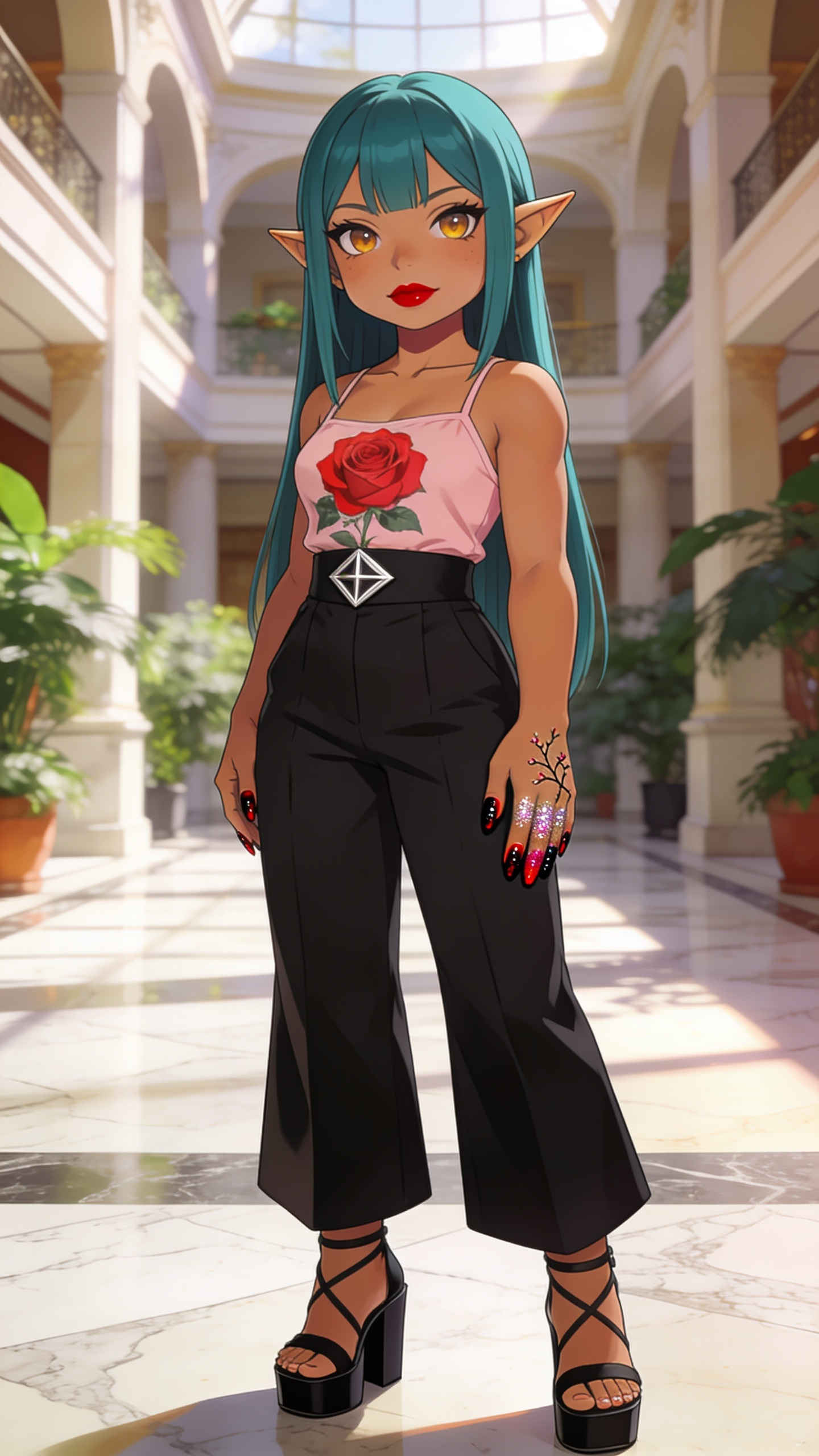 Full-body view of a shortstack female halfling with warm golden-tan skin, small pointed ears, and long straight teal hair, standing in a sunlit elegant atrium, looking at the viewer. She wears a soft pink camisole top with large red rose print, high-waisted black wide-leg pants with a silver geometric waistband, black strappy block heel sandals, bold matte red lipstick, and red and black ombre manicure with glitter and branch designs.