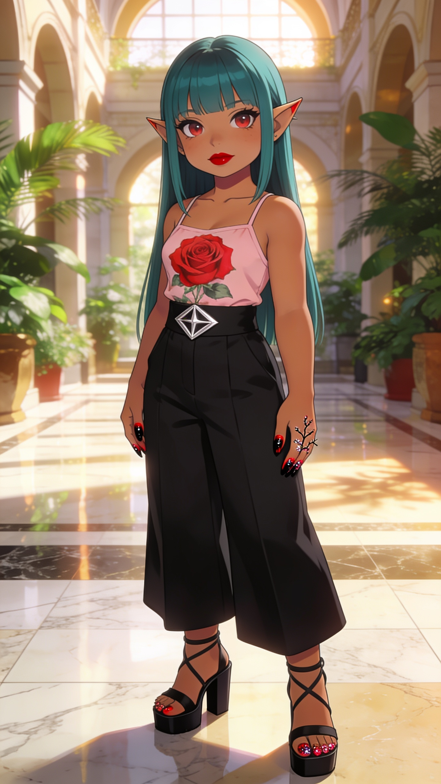 Full-body view of a shortstack female halfling with warm golden-tan skin, small pointed ears, and long straight teal hair, standing in a sunlit elegant atrium, looking at the viewer. She wears a soft pink camisole top with large red rose print, high-waisted black wide-leg pants with a silver geometric waistband, black strappy block heel sandals, bold matte red lipstick, and red and black ombre manicure with glitter and branch designs.