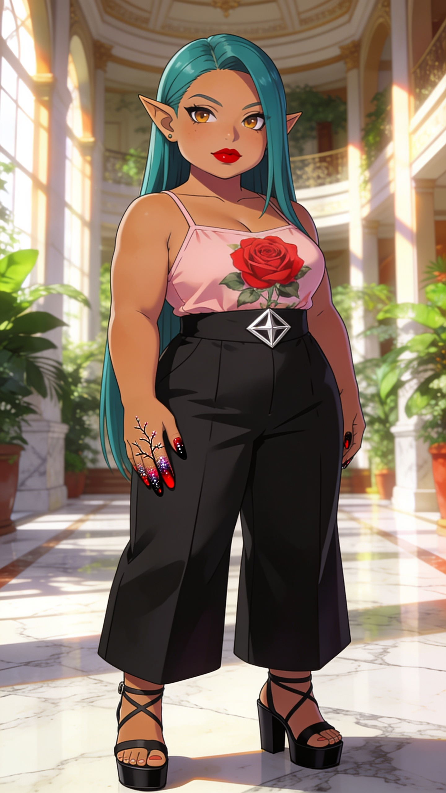 Full-body view of a shortstack female halfling with warm golden-tan skin, small pointed ears, and long straight teal hair, standing in a sunlit elegant atrium, looking at the viewer. She wears a soft pink camisole top with large red rose print, high-waisted black wide-leg pants with a silver geometric waistband, black strappy block heel sandals, bold matte red lipstick, and red and black ombre manicure with glitter and branch designs.