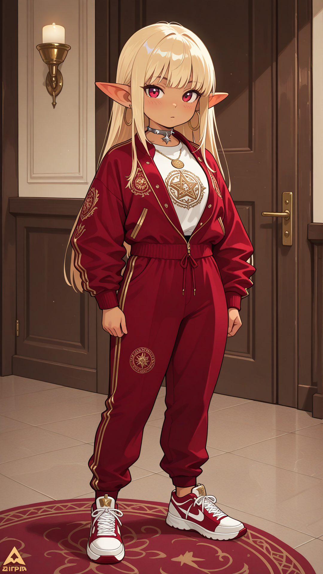 Full-body view of a shortstack female halfling with warm golden-tan skin, small pointed ears, and long straight blonde hair, standing in a bright modern lounge, looking at the viewer. She wears a black and red monogram-patterned baseball jacket and matching pants set, red velvet slip-on sneakers with gold logo and zippers, silver spiked star and wing choker necklace, and gold hoop earrings. Full body, no realism, fantasy art style, fantasy character.