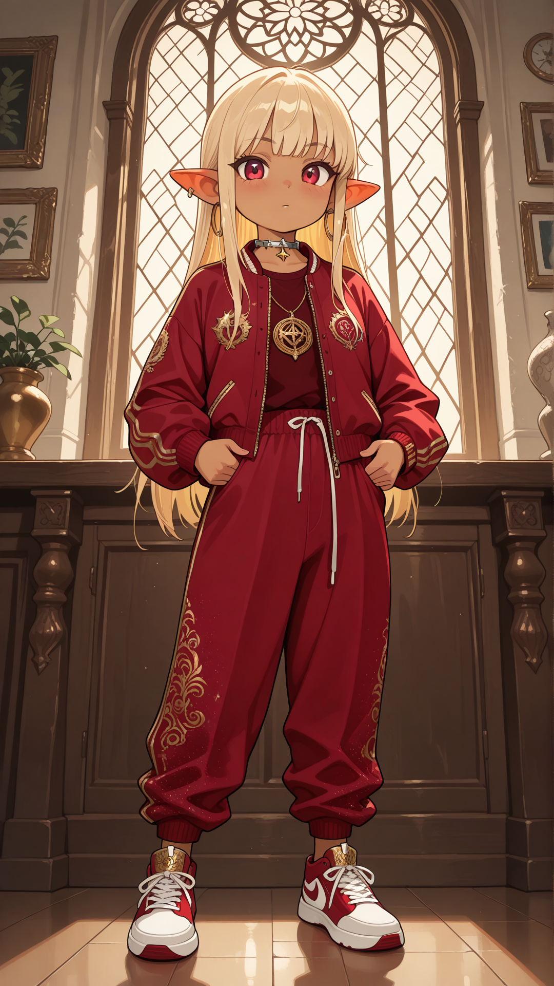 Full-body view of a shortstack female halfling with warm golden-tan skin, small pointed ears, and long straight blonde hair, standing in a bright modern lounge, looking at the viewer. She wears a black and red monogram-patterned baseball jacket and matching pants set, red velvet slip-on sneakers with gold logo and zippers, silver spiked star and wing choker necklace, and gold hoop earrings. Full body, no realism, fantasy art style, fantasy character.