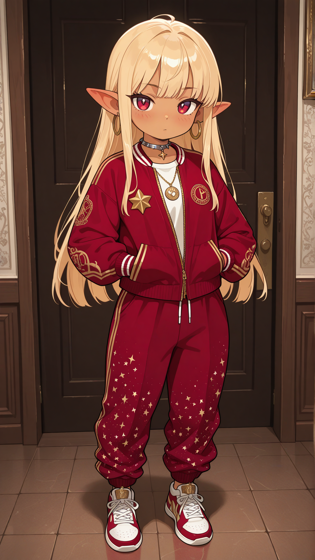 Full-body view of a shortstack female halfling with warm golden-tan skin, small pointed ears, and long straight blonde hair, standing in a bright modern lounge, looking at the viewer. She wears a black and red monogram-patterned baseball jacket and matching pants set, red velvet slip-on sneakers with gold logo and zippers, silver spiked star and wing choker necklace, and gold hoop earrings. Full body, no realism, fantasy art style, fantasy character.