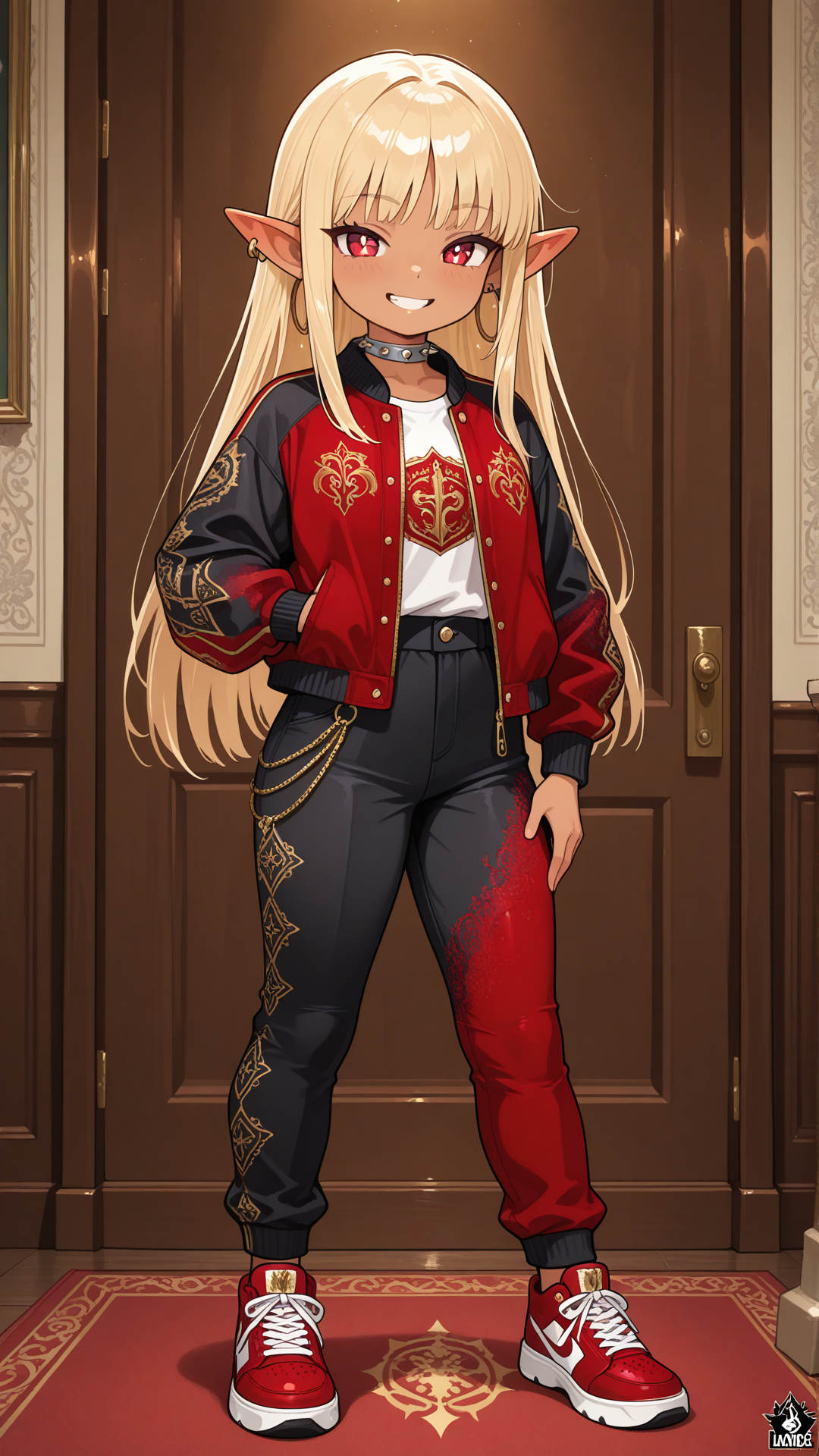 Full-body view of a shortstack female halfling with warm golden-tan skin, small pointed ears, and long straight blonde hair, standing in a bright modern lounge, looking at the viewer. She wears a black and red monogram-patterned baseball jacket and matching pants set, red velvet slip-on sneakers with gold logo and zippers, silver spiked star and wing choker necklace, and gold hoop earrings. Full body, no realism, fantasy art style, fantasy character. Smile, smile with teeth