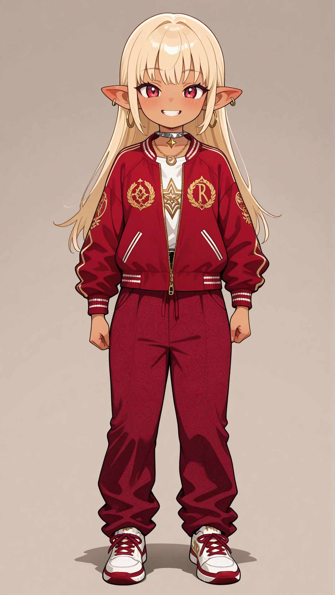 Full-body view of a shortstack female halfling with warm golden-tan skin, small pointed ears, and long straight blonde hair, standing in a bright modern lounge, looking at the viewer. She wears a black and red monogram-patterned baseball jacket and matching pants set, red velvet slip-on sneakers with gold logo and zippers, silver spiked star and wing choker necklace, and gold hoop earrings. Full body, no realism, fantasy art style, fantasy character. Smile, smile with teeth