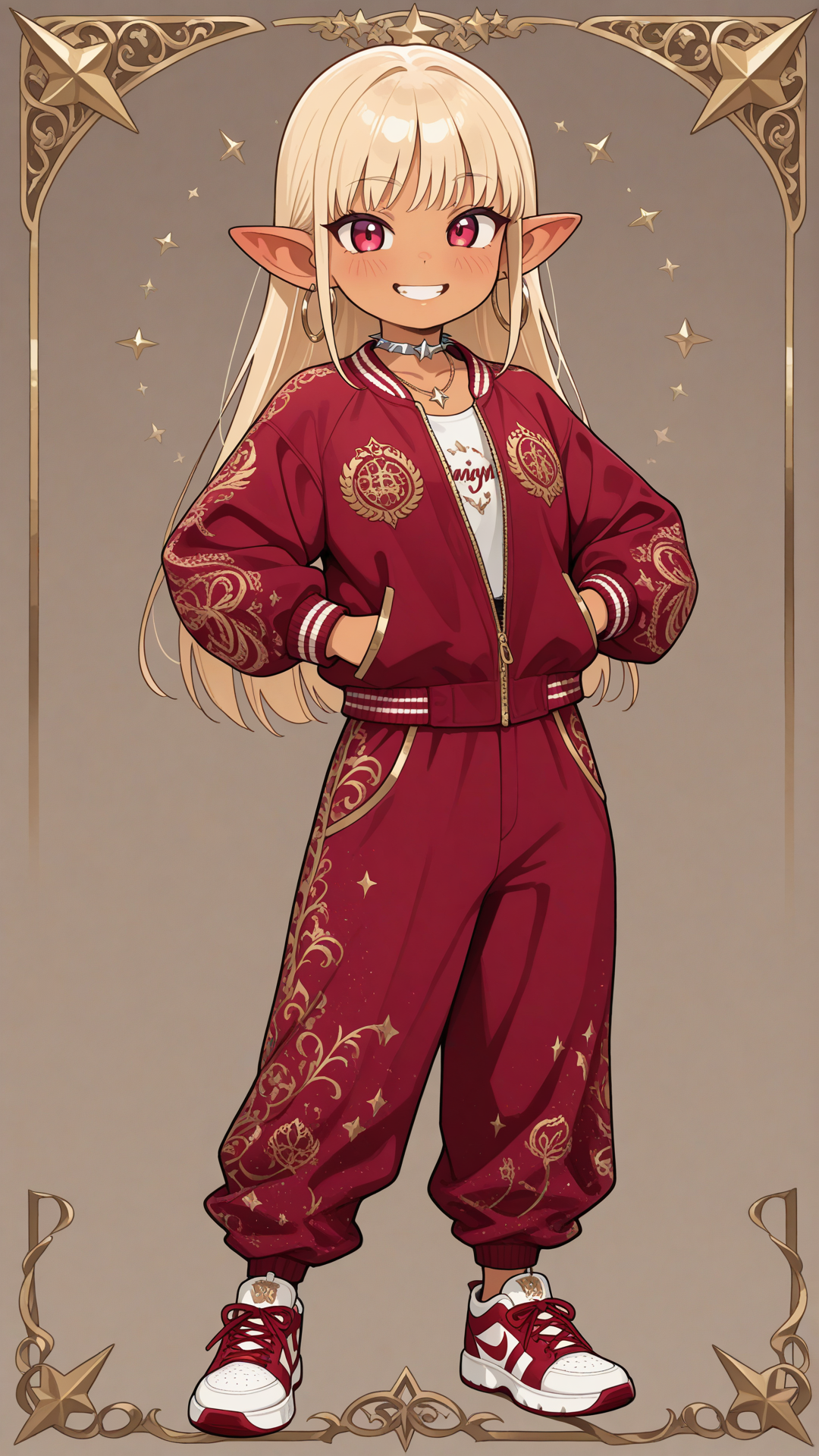 Full-body view of a shortstack female halfling with warm golden-tan skin, small pointed ears, and long straight blonde hair, standing in a bright modern lounge, looking at the viewer. She wears a black and red monogram-patterned baseball jacket and matching pants set, red velvet slip-on sneakers with gold logo and zippers, silver spiked star and wing choker necklace, and gold hoop earrings. Full body, no realism, fantasy art style, fantasy character. Smile, smile with teeth