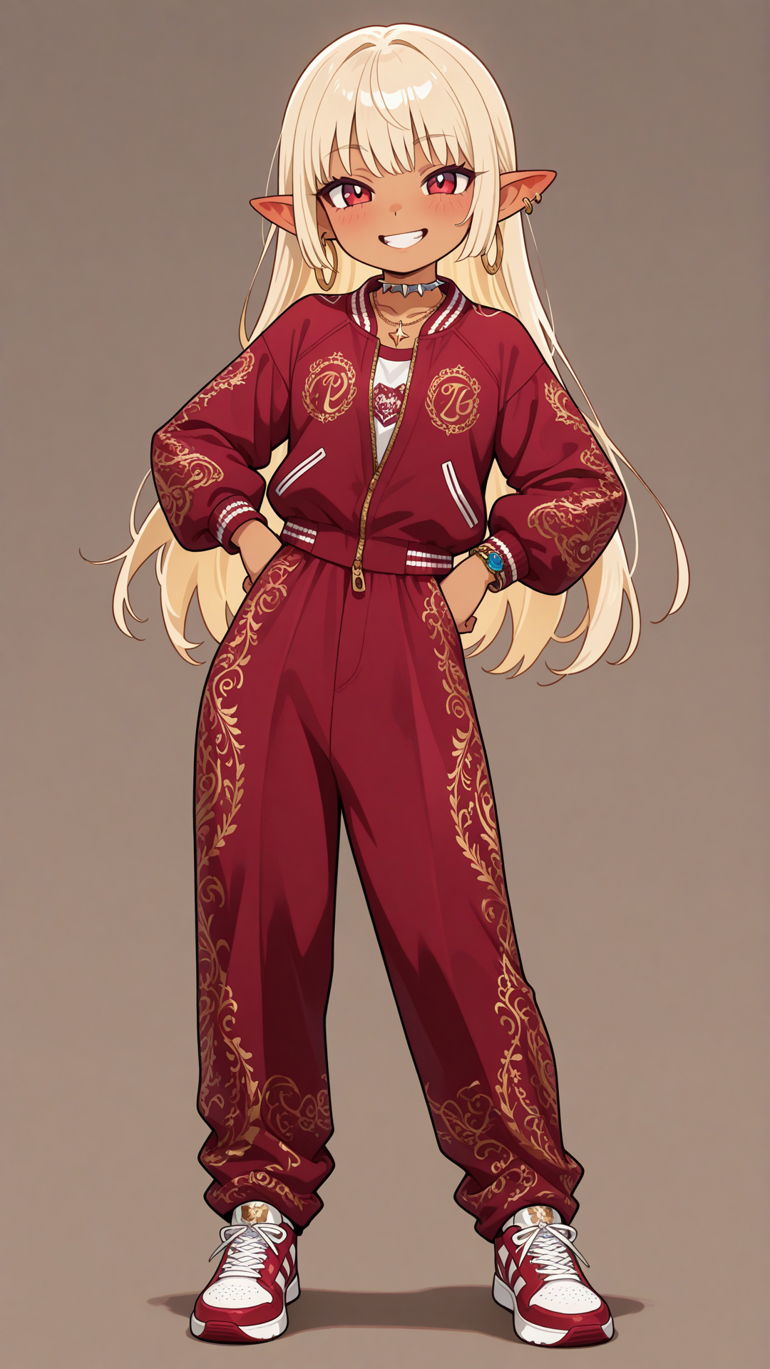 Full-body view of a shortstack female halfling with warm golden-tan skin, small pointed ears, and long straight blonde hair, standing in a bright modern lounge, looking at the viewer. She wears a black and red monogram-patterned baseball jacket and matching pants set, red velvet slip-on sneakers with gold logo and zippers, silver spiked star and wing choker necklace, and gold hoop earrings. Full body, no realism, fantasy art style, fantasy character. Smile, smile with teeth