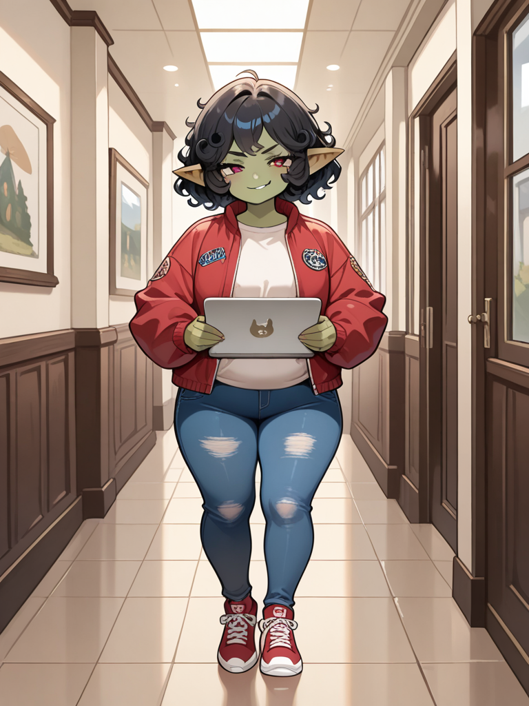 Female goblin student, slightly chubby build, green skin, black curly hair, confident smirk, black puffy jacket, blue jeans, red-and-black Jordan sneakers, holding a school laptop in a high school hallway, fantasy school slice-of-life illustration.