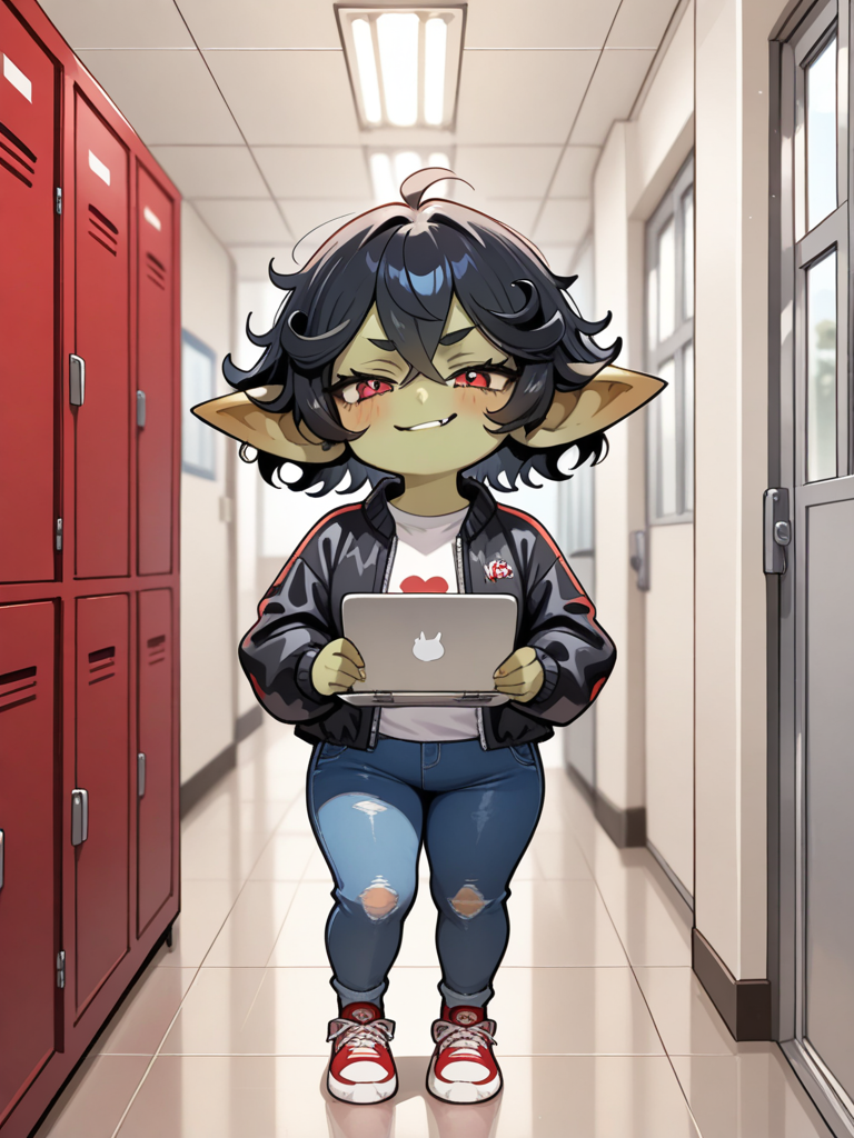 Female goblin student, slightly chubby build, green skin, black curly hair, confident smirk, black puffy jacket, blue jeans, red-and-black Jordan sneakers, holding a school laptop in a high school hallway, fantasy school slice-of-life illustration.