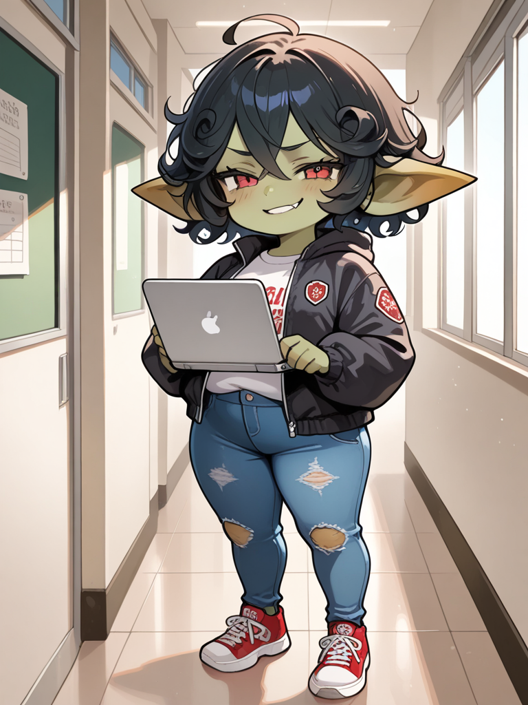 Female goblin student, slightly chubby build, green skin, black curly hair, confident smirk, black puffy jacket, blue jeans, red-and-black Jordan sneakers, holding a school laptop in a high school hallway, fantasy school slice-of-life illustration.