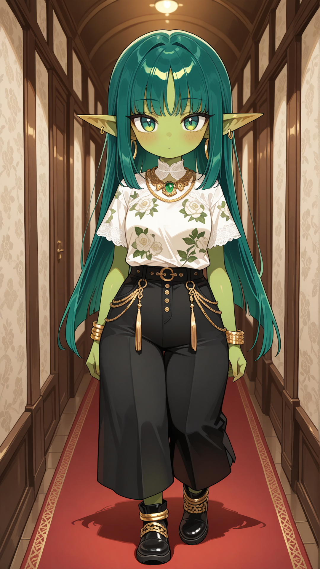 Full-body view of a shortstack female goblin with vibrant emerald green skin, pointed ears, and long straight teal hair, standing in a sleek modern hallway, looking at the viewer. She wears a black and white floral print short-sleeve top with solid black wide-leg pants and draped side overlay, black block-heel ankle boots with white lace panels, gold coin anklet, gold hoop earrings, layered gold necklace, and gold bracelet.