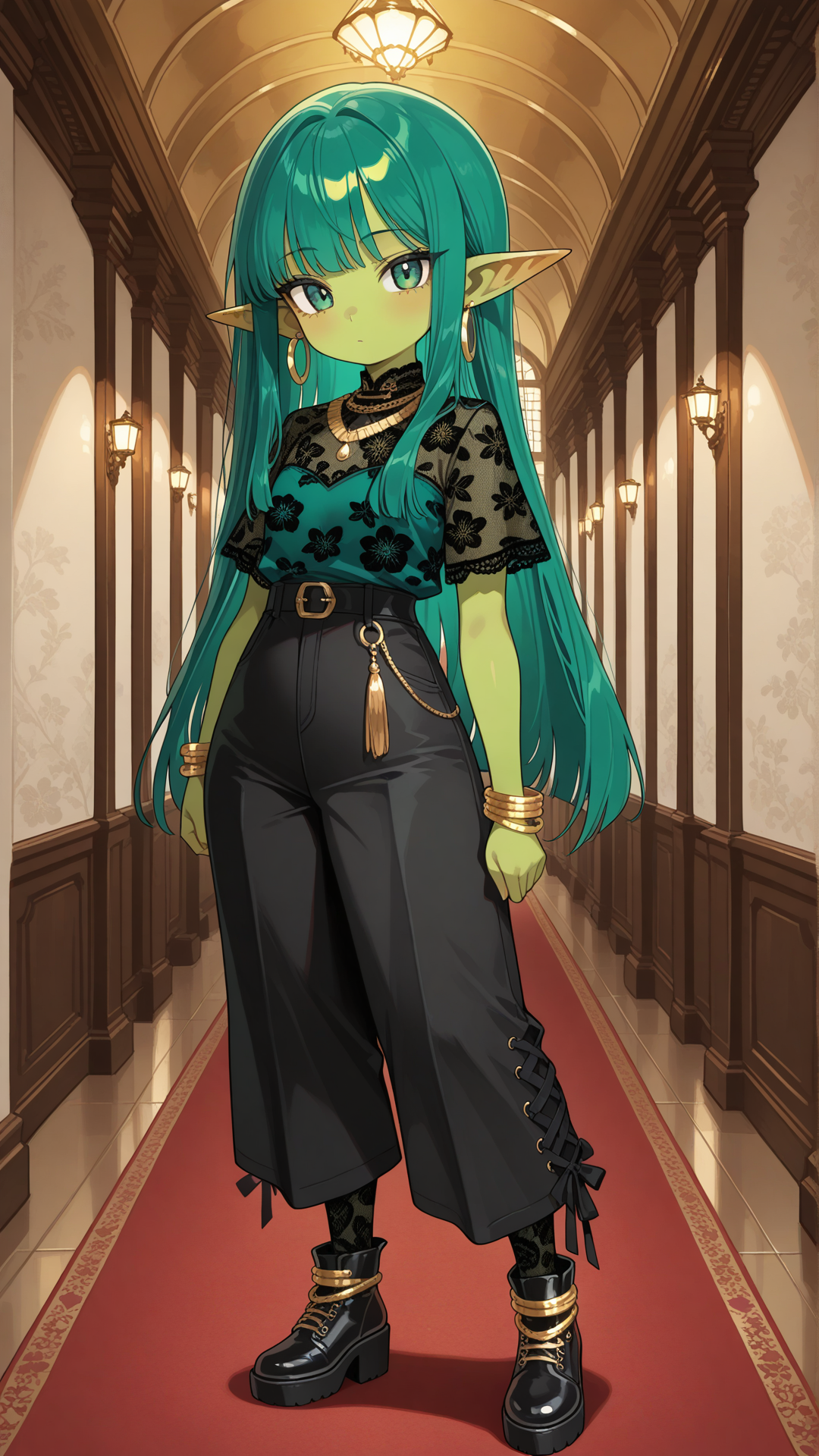 Full-body view of a shortstack female goblin with vibrant emerald green skin, pointed ears, and long straight teal hair, standing in a sleek modern hallway, looking at the viewer. She wears a black and white floral print short-sleeve top with solid black wide-leg pants and draped side overlay, black block-heel ankle boots with white lace panels, gold coin anklet, gold hoop earrings, layered gold necklace, and gold bracelet.