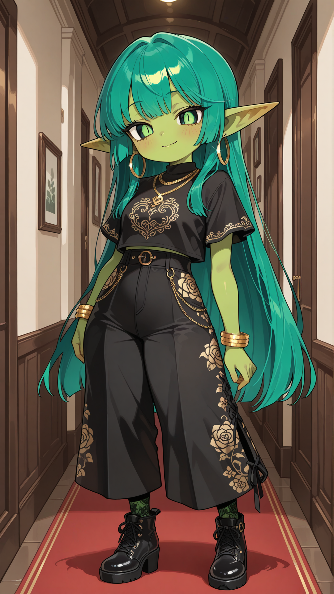 Full-body view of a shortstack female goblin with vibrant emerald green skin, pointed ears, and long straight teal hair, standing in a sleek modern hallway, looking at the viewer. She wears a black and white floral print short-sleeve top with solid black wide-leg pants and draped side overlay, black block-heel ankle boots with white lace panels, gold coin anklet, gold hoop earrings, layered gold necklace, and gold bracelet.