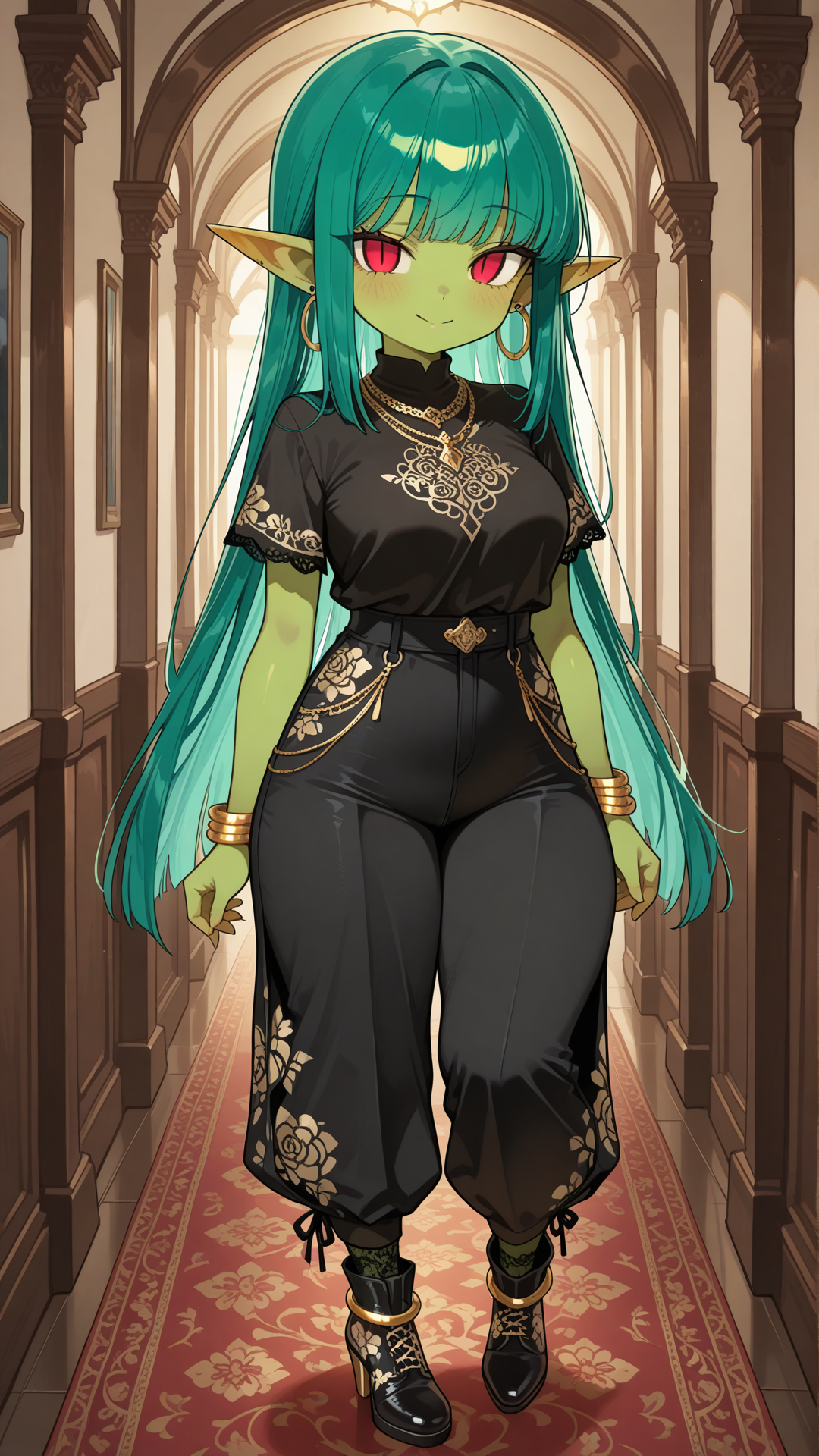 Full-body view of a shortstack female goblin with vibrant emerald green skin, pointed ears, and long straight teal hair, standing in a sleek modern hallway, looking at the viewer. She wears a black and white floral print short-sleeve top with solid black wide-leg pants and draped side overlay, black block-heel ankle boots with white lace panels, gold coin anklet, gold hoop earrings, layered gold necklace, and gold bracelet.