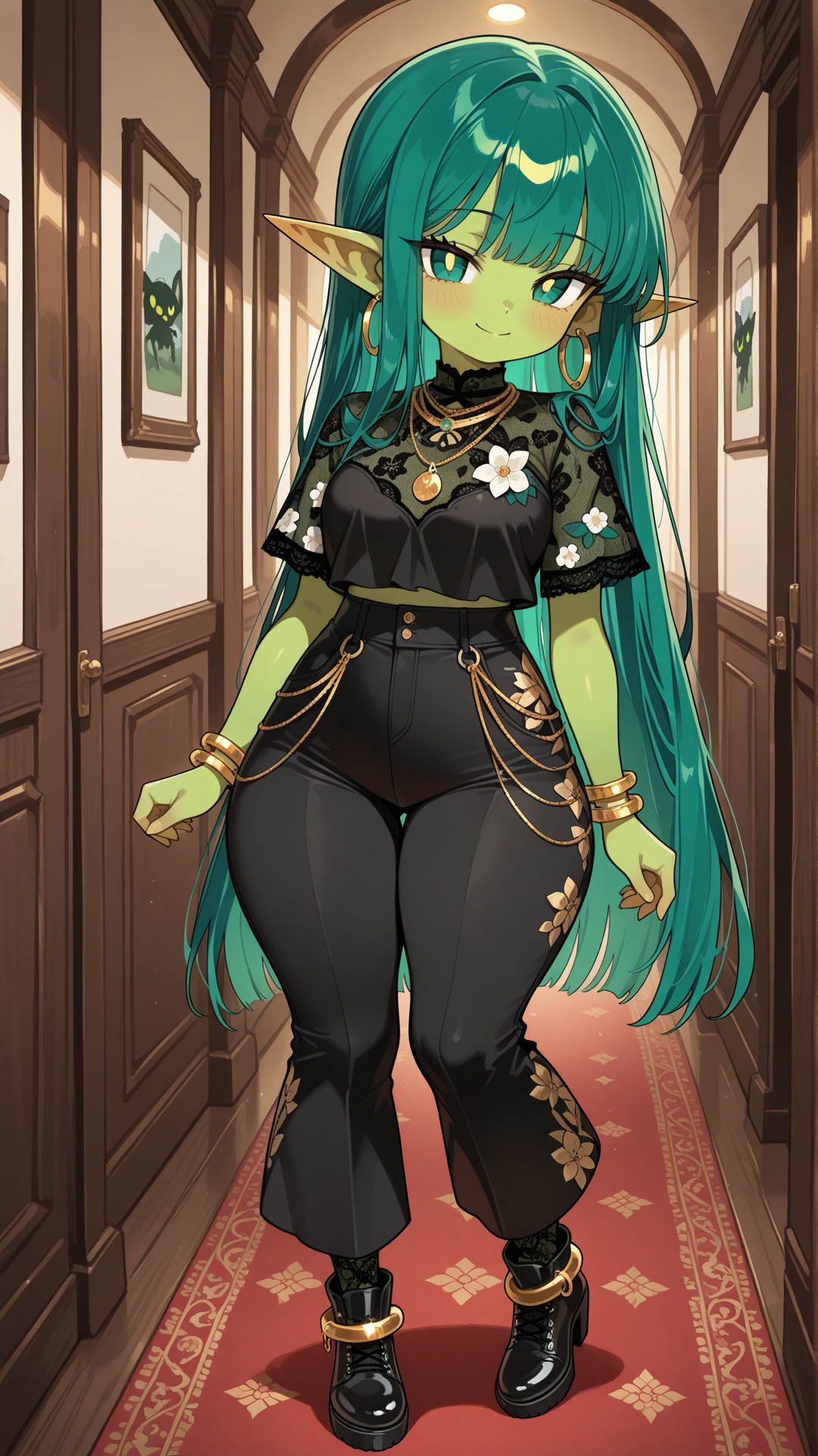 Full-body view of a shortstack female goblin with vibrant emerald green skin, pointed ears, and long straight teal hair, standing in a sleek modern hallway, looking at the viewer. She wears a black and white floral print short-sleeve top with solid black wide-leg pants and draped side overlay, black block-heel ankle boots with white lace panels, gold coin anklet, gold hoop earrings, layered gold necklace, and gold bracelet.