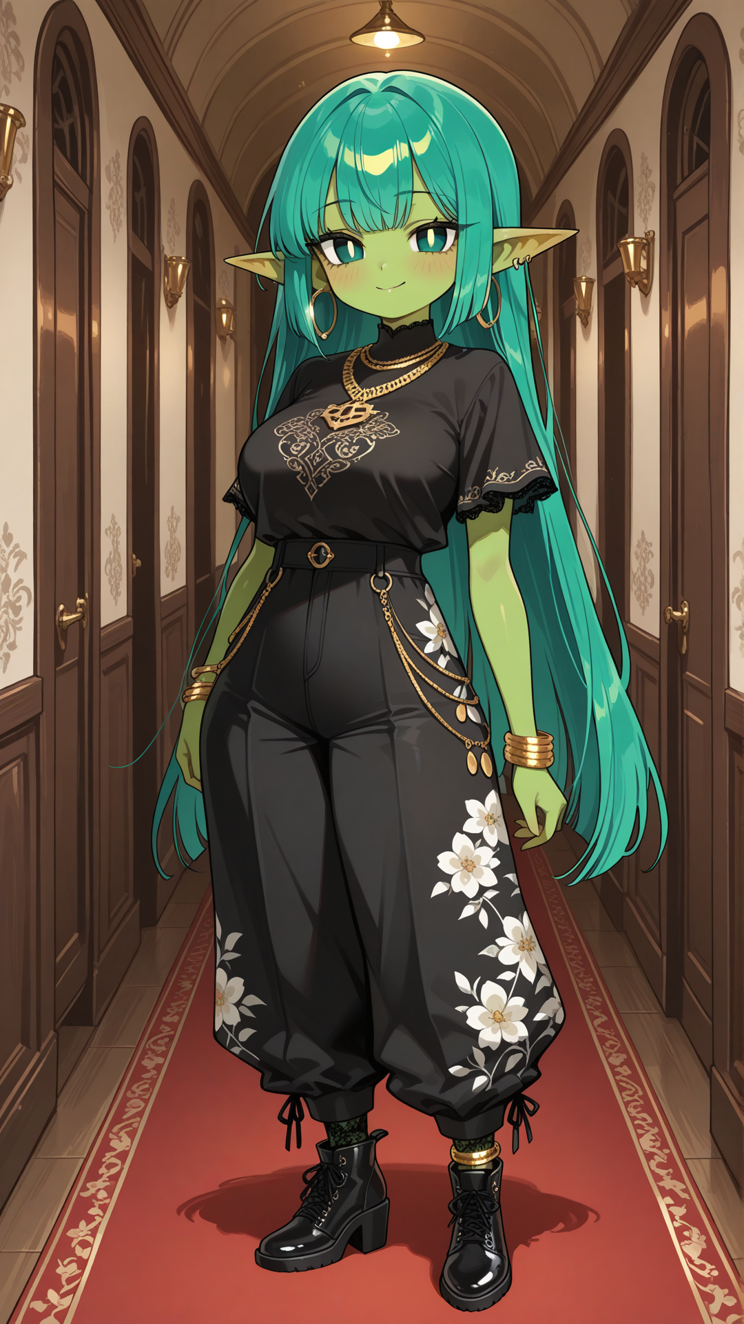 Full-body view of a shortstack female goblin with vibrant emerald green skin, pointed ears, and long straight teal hair, standing in a sleek modern hallway, looking at the viewer. She wears a black and white floral print short-sleeve top with solid black wide-leg pants and draped side overlay, black block-heel ankle boots with white lace panels, gold coin anklet, gold hoop earrings, layered gold necklace, and gold bracelet.