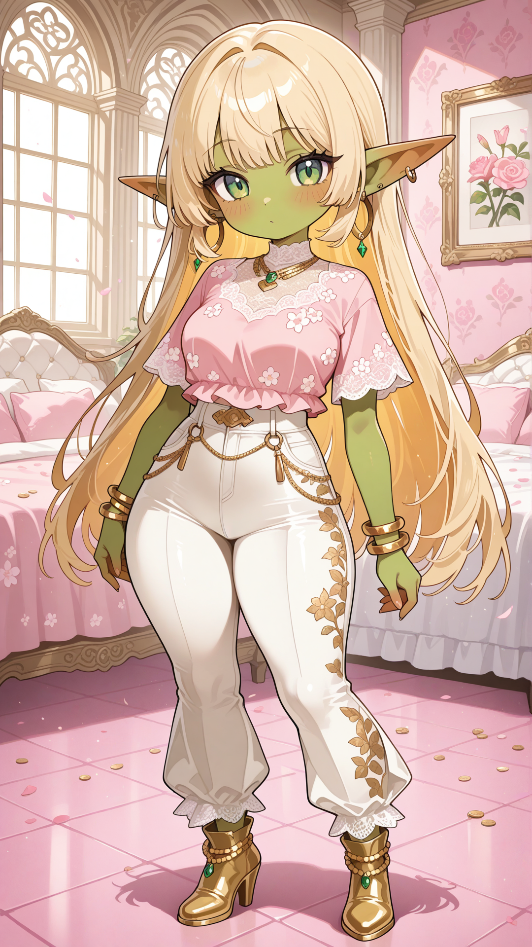 Full-body view of a shortstack female goblin with vibrant emerald green skin, pointed ears, and long straight blonde hair, standing in a bright contemporary room, looking at the viewer. She wears a pink and white floral print short-sleeve top with solid pink wide-leg pants and draped side overlay, pink block-heel ankle boots with white lace panels, gold coin anklet, gold hoop earrings, layered gold necklace, and gold bracelet. Full body, no realism, fantasy art style, fantasy character.