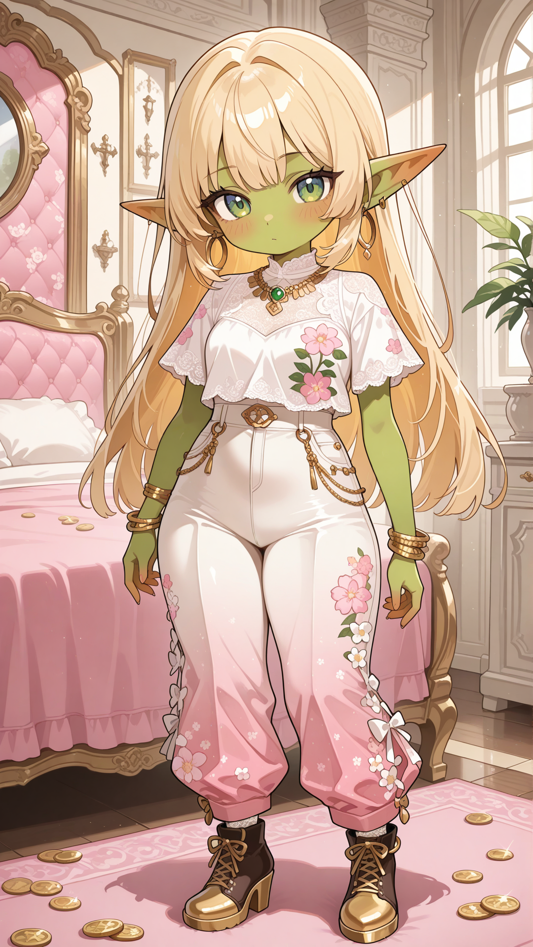 Full-body view of a shortstack female goblin with vibrant emerald green skin, pointed ears, and long straight blonde hair, standing in a bright contemporary room, looking at the viewer. She wears a pink and white floral print short-sleeve top with solid pink wide-leg pants and draped side overlay, pink block-heel ankle boots with white lace panels, gold coin anklet, gold hoop earrings, layered gold necklace, and gold bracelet. Full body, no realism, fantasy art style, fantasy character.