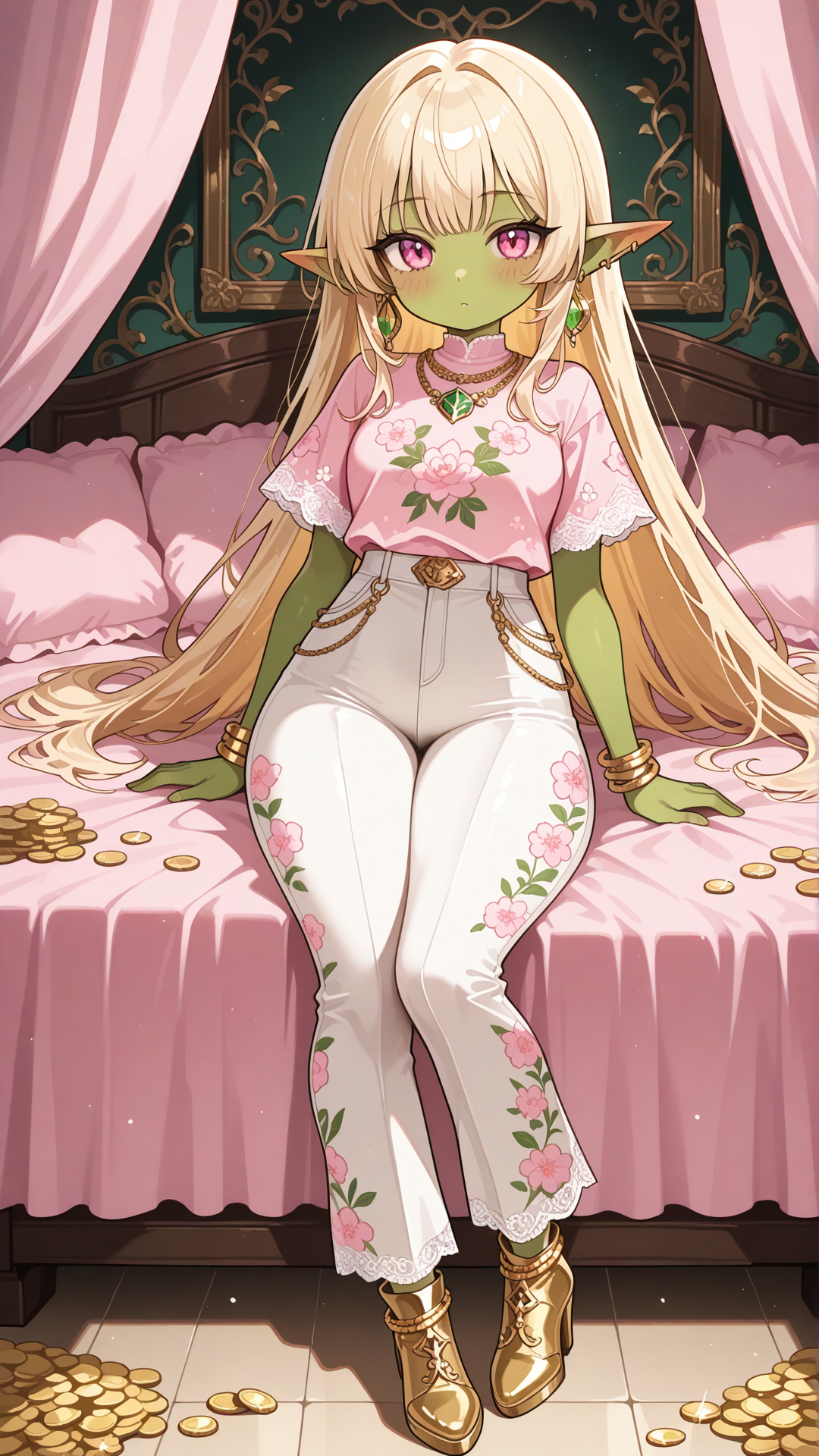 Full-body view of a shortstack female goblin with vibrant emerald green skin, pointed ears, and long straight blonde hair, standing in a bright contemporary room, looking at the viewer. She wears a pink and white floral print short-sleeve top with solid pink wide-leg pants and draped side overlay, pink block-heel ankle boots with white lace panels, gold coin anklet, gold hoop earrings, layered gold necklace, and gold bracelet. Full body, no realism, fantasy art style, fantasy character.