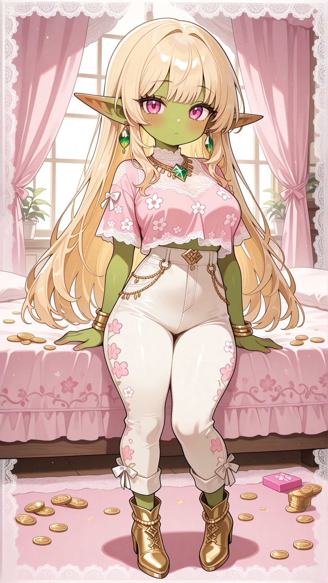 Full-body view of a shortstack female goblin with vibrant emerald green skin, pointed ears, and long straight blonde hair, standing in a bright contemporary room, looking at the viewer. She wears a pink and white floral print short-sleeve top with solid pink wide-leg pants and draped side overlay, pink block-heel ankle boots with white lace panels, gold coin anklet, gold hoop earrings, layered gold necklace, and gold bracelet. Full body, no realism, fantasy art style, fantasy character.