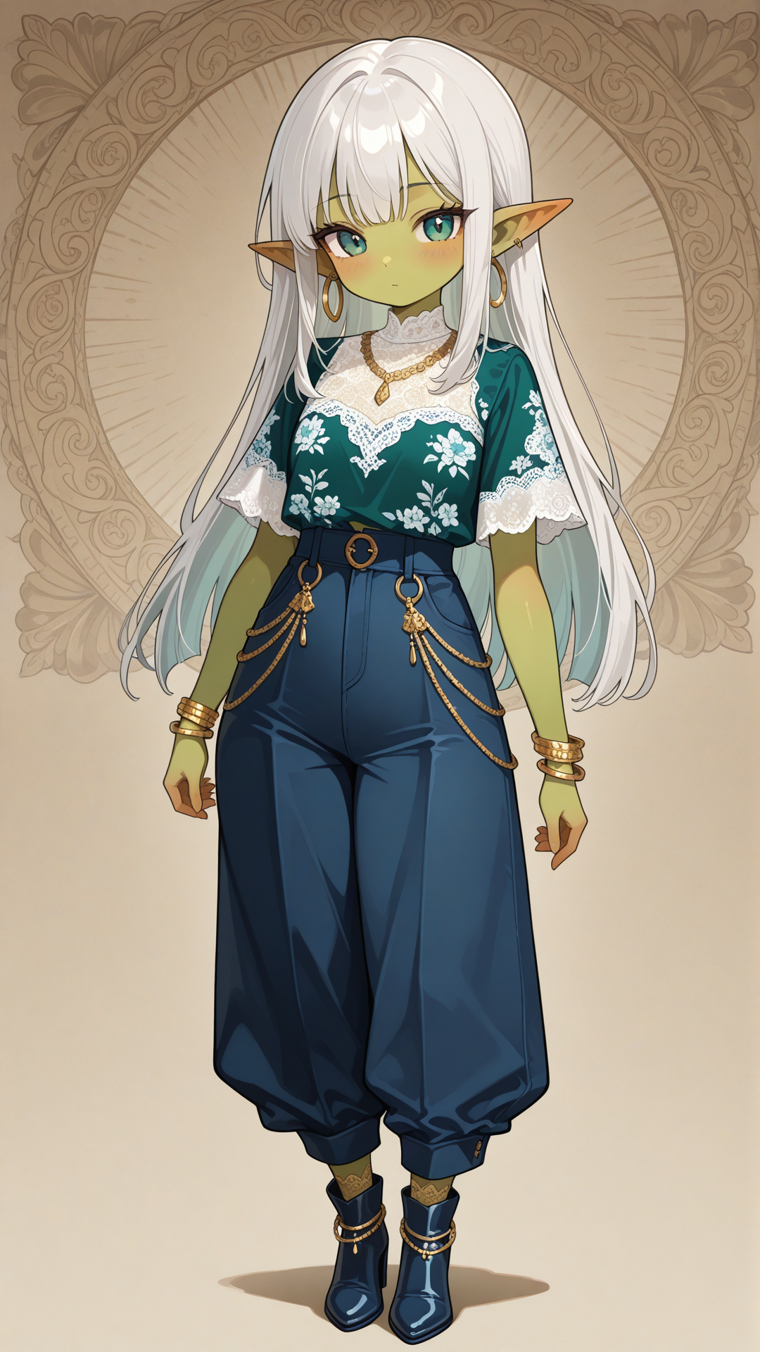 Full-body view of a shortstack female goblin with vibrant emerald green skin, pointed ears, and long straight silver hair, standing in a sunny elegant lounge, looking at the viewer. She wears a navy blue and white floral print short-sleeve top with solid navy blue wide-leg pants and draped side overlay, navy blue block-heel ankle boots with white lace panels, gold coin anklet, gold hoop earrings, layered gold necklace, and gold bracelet. Full body, no realism, fantasy art style, fantasy character.