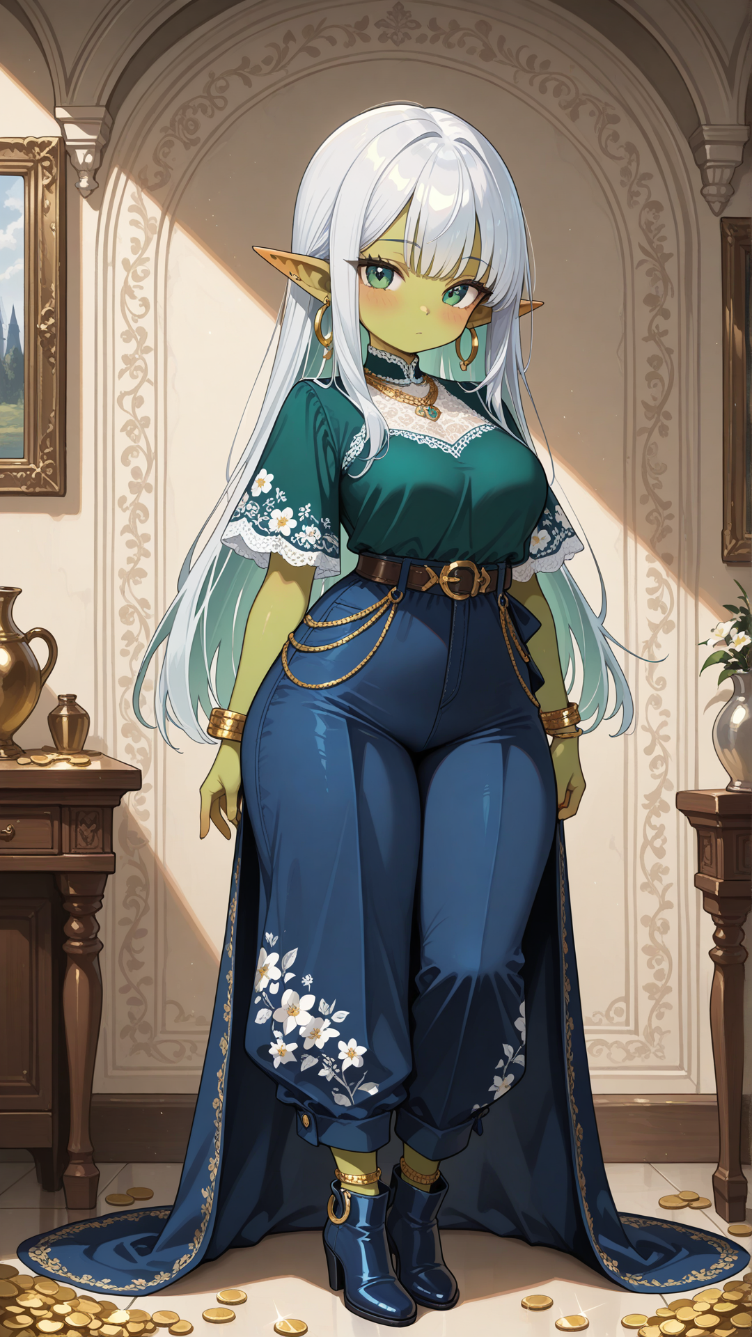 Full-body view of a shortstack female goblin with vibrant emerald green skin, pointed ears, and long straight silver hair, standing in a sunny elegant lounge, looking at the viewer. She wears a navy blue and white floral print short-sleeve top with solid navy blue wide-leg pants and draped side overlay, navy blue block-heel ankle boots with white lace panels, gold coin anklet, gold hoop earrings, layered gold necklace, and gold bracelet. Full body, no realism, fantasy art style, fantasy character.