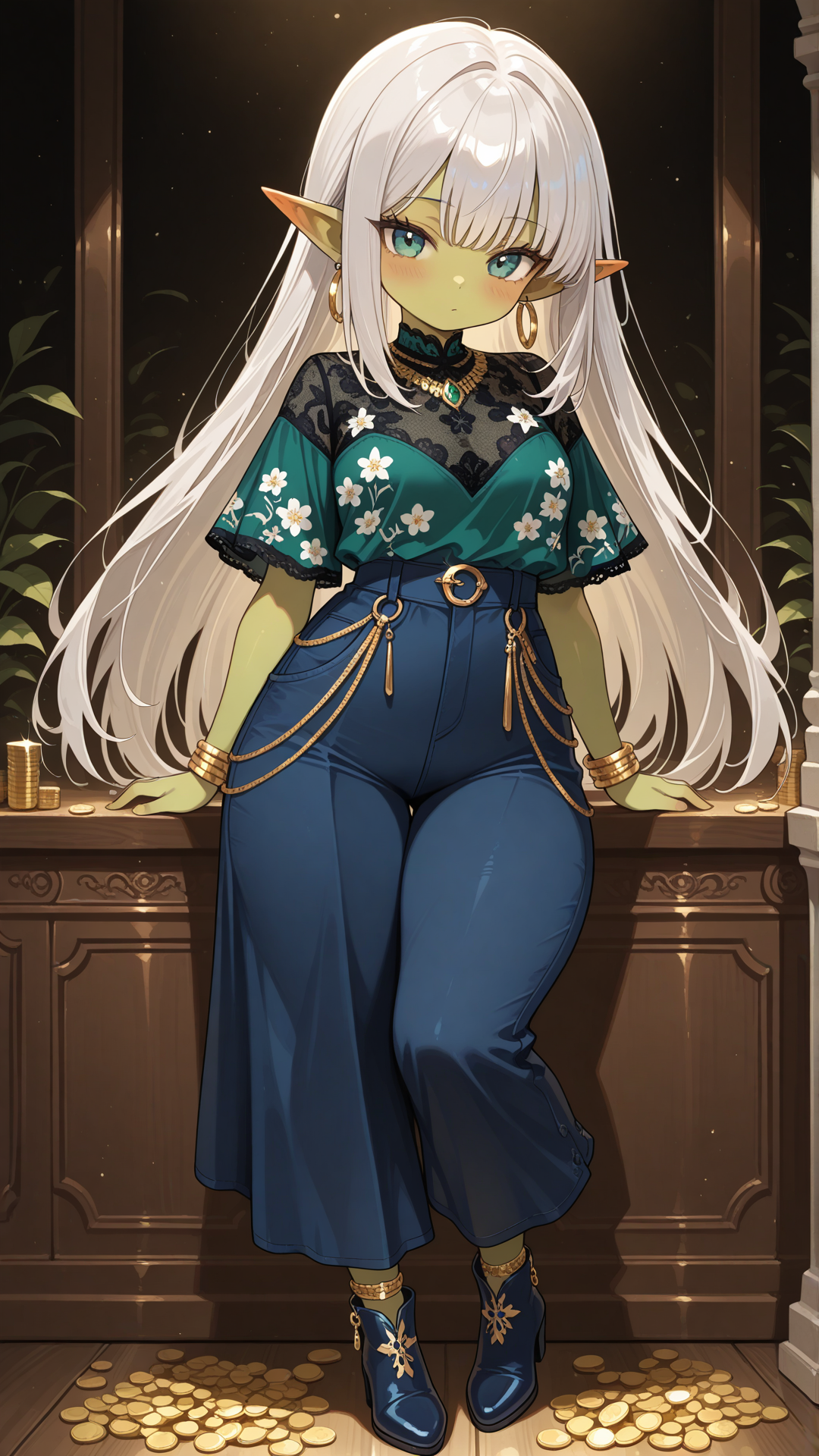 Full-body view of a shortstack female goblin with vibrant emerald green skin, pointed ears, and long straight silver hair, standing in a sunny elegant lounge, looking at the viewer. She wears a navy blue and white floral print short-sleeve top with solid navy blue wide-leg pants and draped side overlay, navy blue block-heel ankle boots with white lace panels, gold coin anklet, gold hoop earrings, layered gold necklace, and gold bracelet. Full body, no realism, fantasy art style, fantasy character.