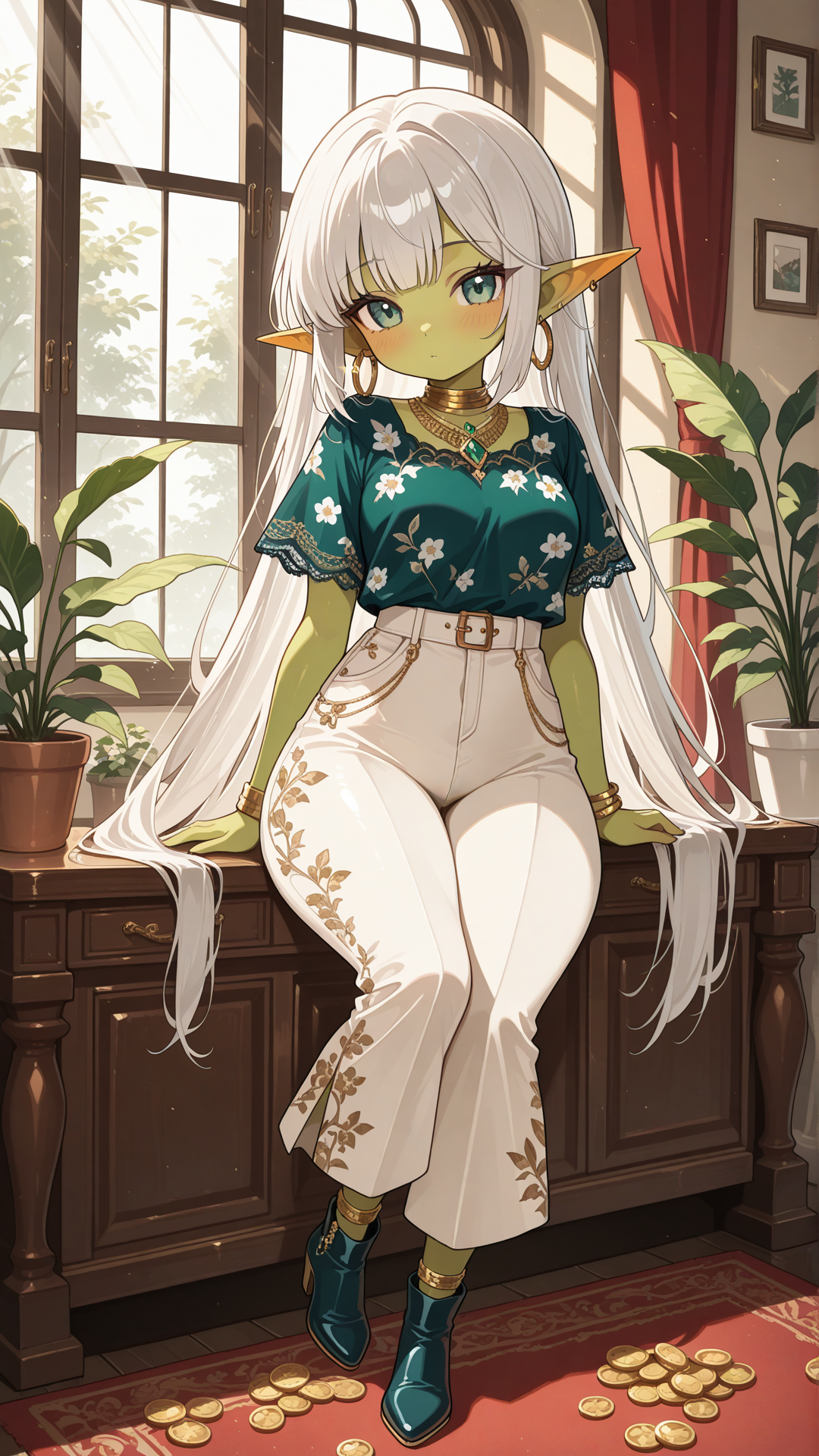 Full-body view of a shortstack female goblin with vibrant emerald green skin, pointed ears, and long straight silver hair, standing in a sunny elegant lounge, looking at the viewer. She wears a navy blue and white floral print short-sleeve top with solid navy blue wide-leg pants and draped side overlay, navy blue block-heel ankle boots with white lace panels, gold coin anklet, gold hoop earrings, layered gold necklace, and gold bracelet. Full body, no realism, fantasy art style, fantasy character.