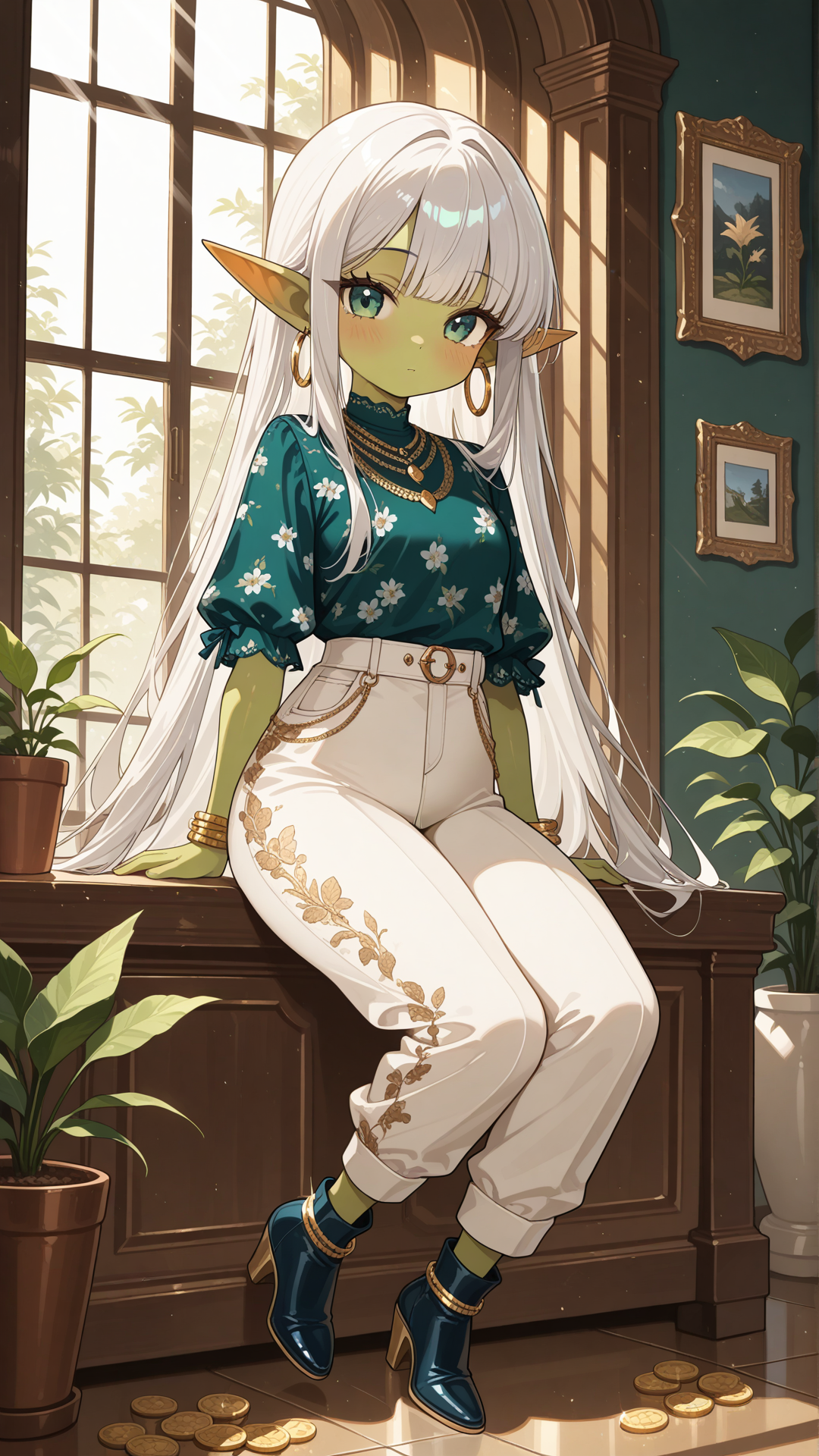 Full-body view of a shortstack female goblin with vibrant emerald green skin, pointed ears, and long straight silver hair, standing in a sunny elegant lounge, looking at the viewer. She wears a navy blue and white floral print short-sleeve top with solid navy blue wide-leg pants and draped side overlay, navy blue block-heel ankle boots with white lace panels, gold coin anklet, gold hoop earrings, layered gold necklace, and gold bracelet. Full body, no realism, fantasy art style, fantasy character.