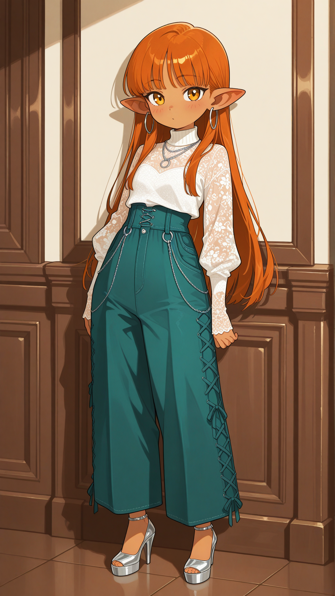 A shortstack female halfling with warm golden-tan skin, small pointed ears, and long straight auburn hair stands in a modern luxury interior, looking at the viewer. She wears a teal and orange floral sheer mesh turtleneck top with a solid teal high-waisted flared pants with white speckles, solid teal platform Mary Jane heels with double straps, a delicate silver necklace, and small silver hoop earrings. full body, no realism, soft anime art style.