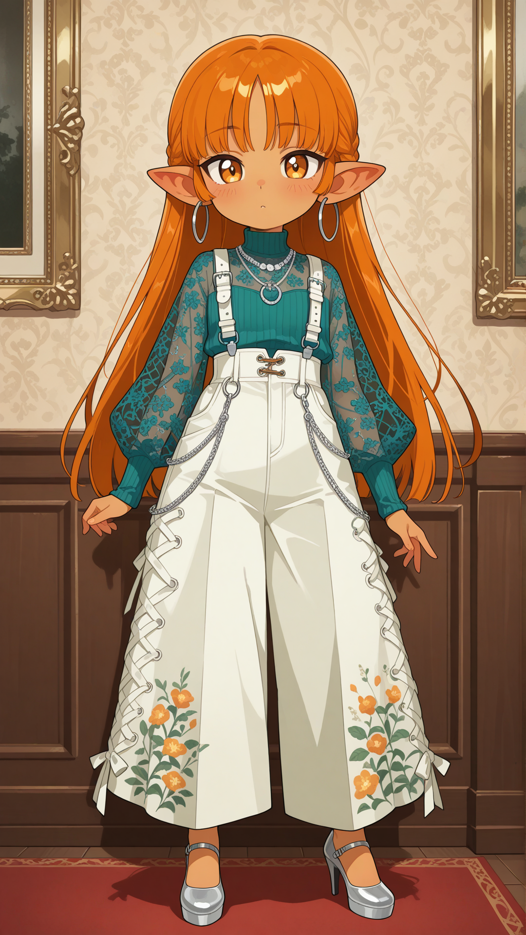 A shortstack female halfling with warm golden-tan skin, small pointed ears, and long straight auburn hair stands in a modern luxury interior, looking at the viewer. She wears a teal and orange floral sheer mesh turtleneck top with a solid teal high-waisted flared pants with white speckles, solid teal platform Mary Jane heels with double straps, a delicate silver necklace, and small silver hoop earrings. full body, no realism, soft anime art style.