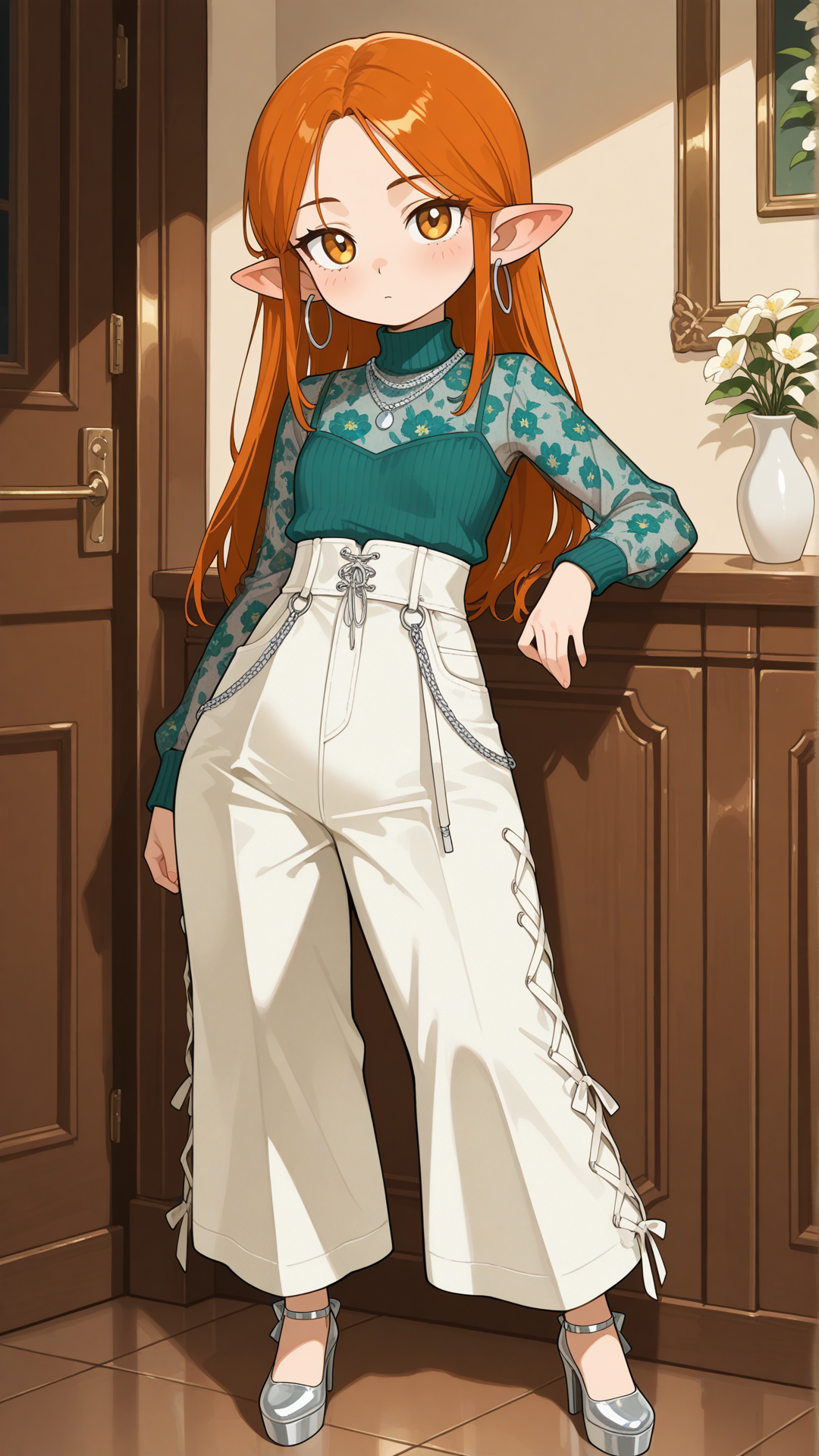 A shortstack female halfling with warm golden-tan skin, small pointed ears, and long straight auburn hair stands in a modern luxury interior, looking at the viewer. She wears a teal and orange floral sheer mesh turtleneck top with a solid teal high-waisted flared pants with white speckles, solid teal platform Mary Jane heels with double straps, a delicate silver necklace, and small silver hoop earrings. full body, no realism, soft anime art style.