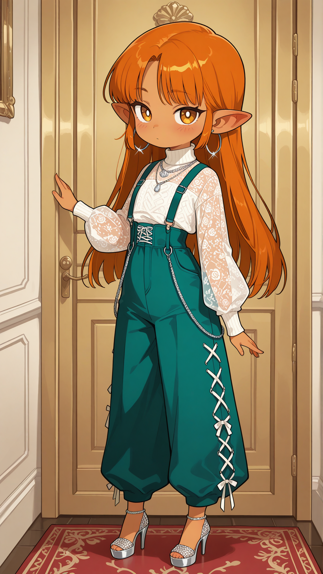 A shortstack female halfling with warm golden-tan skin, small pointed ears, and long straight auburn hair stands in a modern luxury interior, looking at the viewer. She wears a teal and orange floral sheer mesh turtleneck top with a solid teal high-waisted flared pants with white speckles, solid teal platform Mary Jane heels with double straps, a delicate silver necklace, and small silver hoop earrings. full body, no realism, soft anime art style.