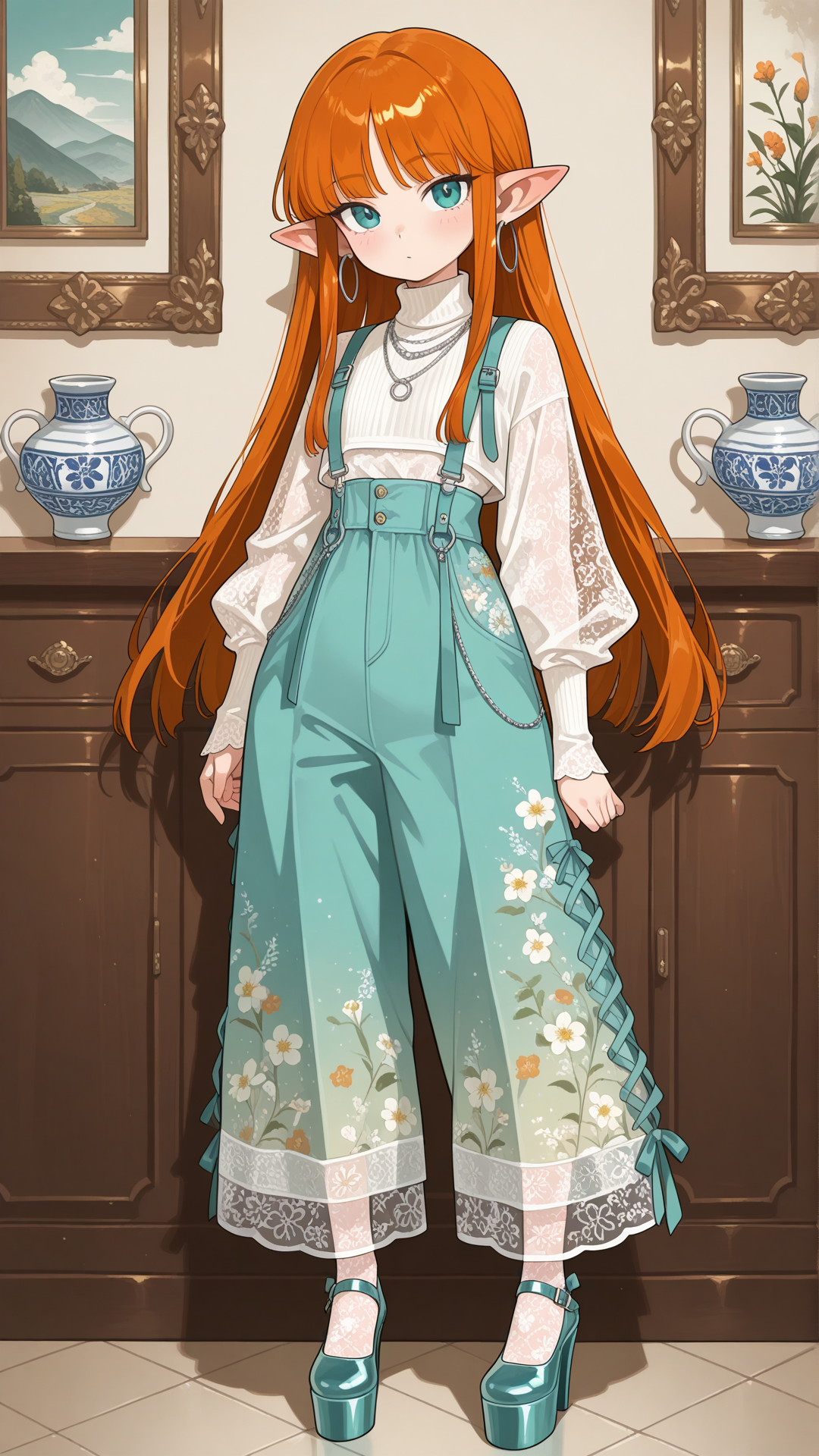 A shortstack female halfling with warm porcelon skin, small pointed ears, and long straight auburn hair stands in a modern luxury interior, looking at the viewer. She wears a teal and orange floral sheer mesh turtleneck top with a solid teal high-waisted flared pants with white speckles, solid teal platform Mary Jane heels with double straps, a delicate silver necklace, and small silver hoop earrings. full body, no realism, soft anime art style.
