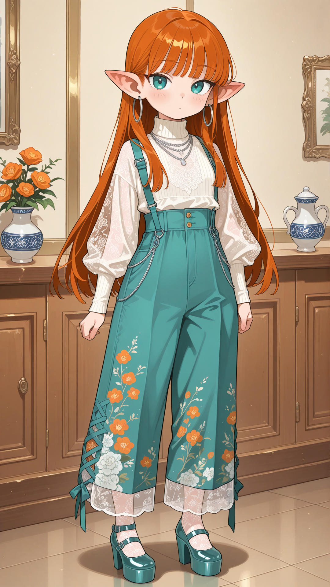 A shortstack female halfling with warm porcelon skin, small pointed ears, and long straight auburn hair stands in a modern luxury interior, looking at the viewer. She wears a teal and orange floral sheer mesh turtleneck top with a solid teal high-waisted flared pants with white speckles, solid teal platform Mary Jane heels with double straps, a delicate silver necklace, and small silver hoop earrings. full body, no realism, soft anime art style.