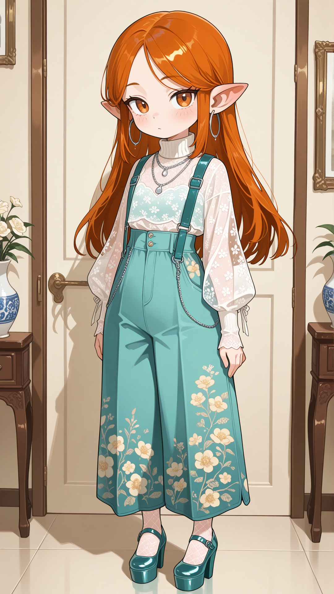 A shortstack female halfling with warm porcelon skin, small pointed ears, and long straight auburn hair stands in a modern luxury interior, looking at the viewer. She wears a teal and orange floral sheer mesh turtleneck top with a solid teal high-waisted flared pants with white speckles, solid teal platform Mary Jane heels with double straps, a delicate silver necklace, and small silver hoop earrings. full body, no realism, soft anime art style.