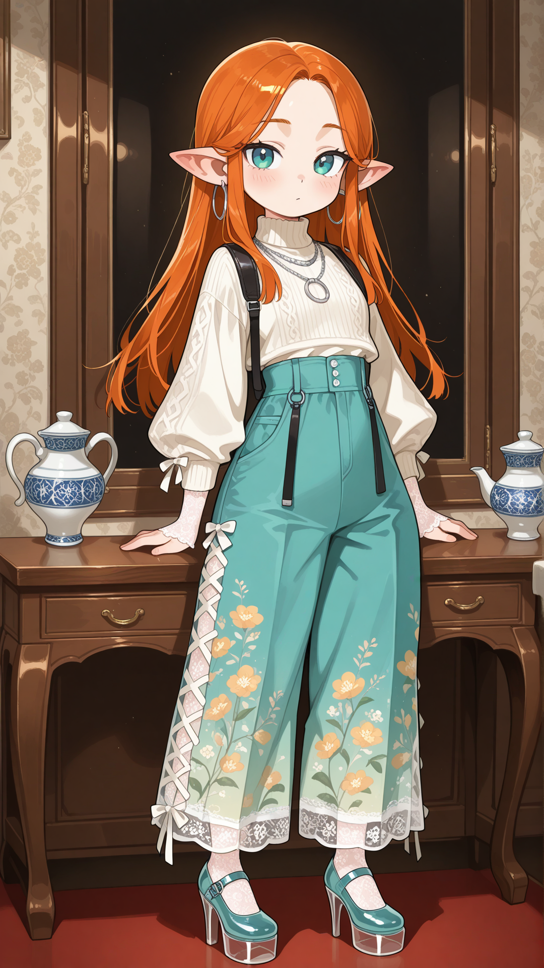 A shortstack female halfling with warm porcelon skin, small pointed ears, and long straight auburn hair stands in a modern luxury interior, looking at the viewer. She wears a teal and orange floral sheer mesh turtleneck top with a solid teal high-waisted flared pants with white speckles, solid teal platform Mary Jane heels with double straps, a delicate silver necklace, and small silver hoop earrings. full body, no realism, soft anime art style.