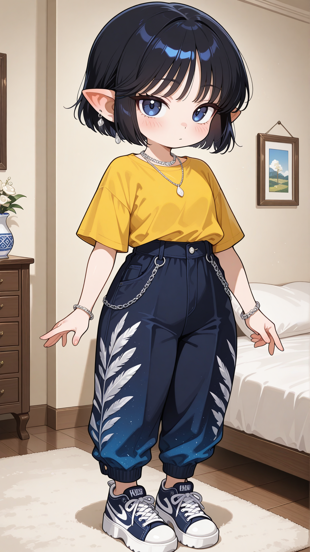 A shortstack female halfling with porcelain skin, small pointed ears, and short straight black hair stands in a bright elegant room, looking at the viewer. She wears a yellow feather-print button-up shirt with dark blue velvet flared pants, dark blue chunky platform sneakers, a delicate silver necklace, and a thin silver bracelet. full body, no realism, soft anime art style.