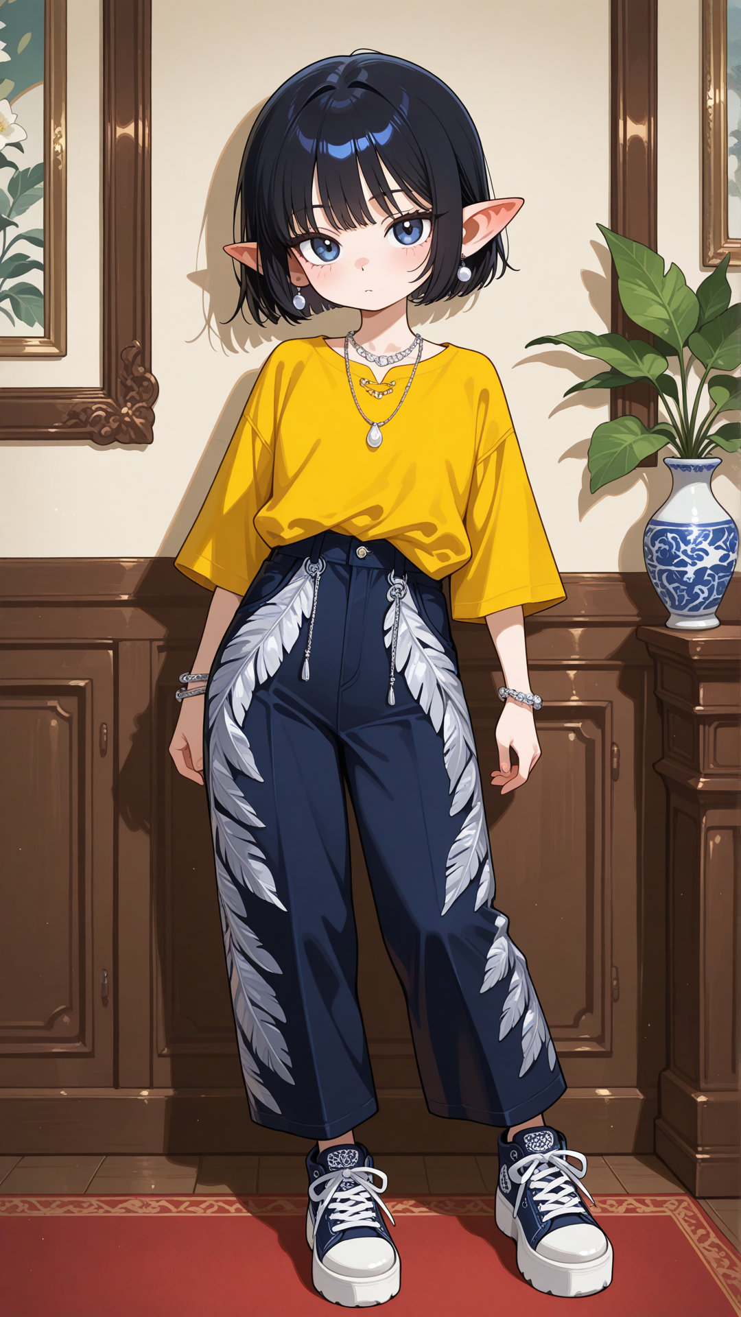 A shortstack female halfling with porcelain skin, small pointed ears, and short straight black hair stands in a bright elegant room, looking at the viewer. She wears a yellow feather-print button-up shirt with dark blue velvet flared pants, dark blue chunky platform sneakers, a delicate silver necklace, and a thin silver bracelet. full body, no realism, soft anime art style.