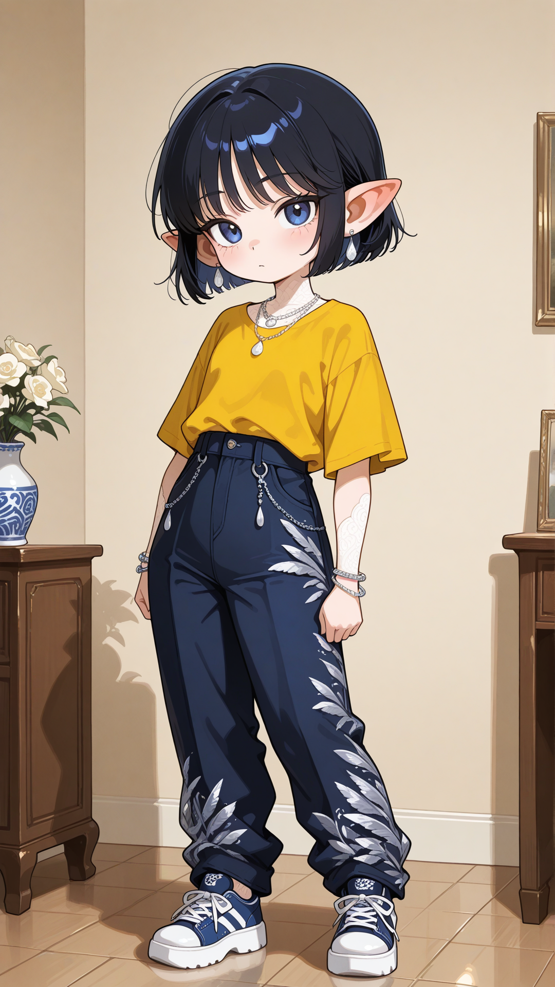 A shortstack female halfling with porcelain skin, small pointed ears, and short straight black hair stands in a bright elegant room, looking at the viewer. She wears a yellow feather-print button-up shirt with dark blue velvet flared pants, dark blue chunky platform sneakers, a delicate silver necklace, and a thin silver bracelet. full body, no realism, soft anime art style.